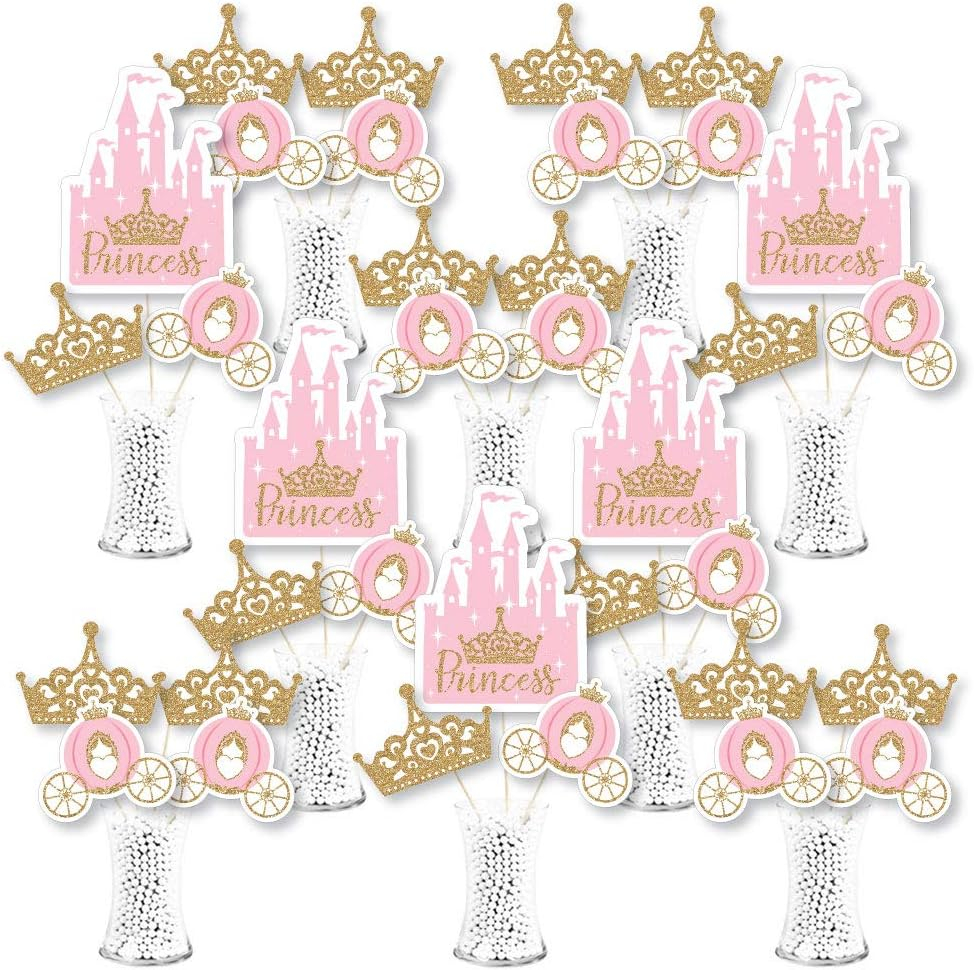 Big Dot of Happiness Little Princess Crown - Pink Princess Baby Shower or Birthday Party Centerpiece Sticks - Showstopper Table Toppers - 35 Pieces