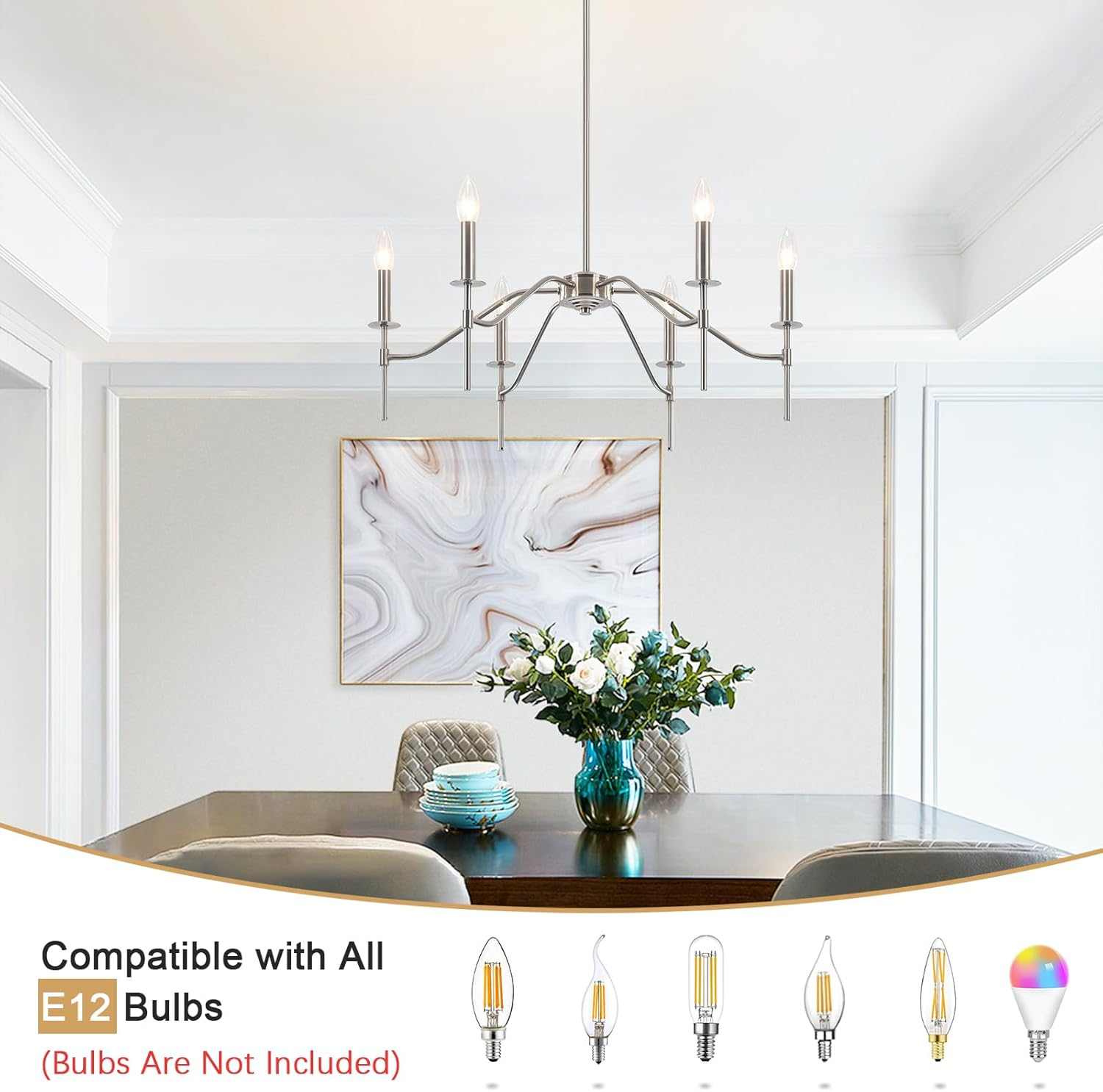 6-Light Farmhouse Chandelier for Dining Room Lighting Fixtures Hanging Brushed Nickel Chandelier for Kitchen Industrial Pendant Candle Lighting or Living Room Entryway Bedroom Foyer