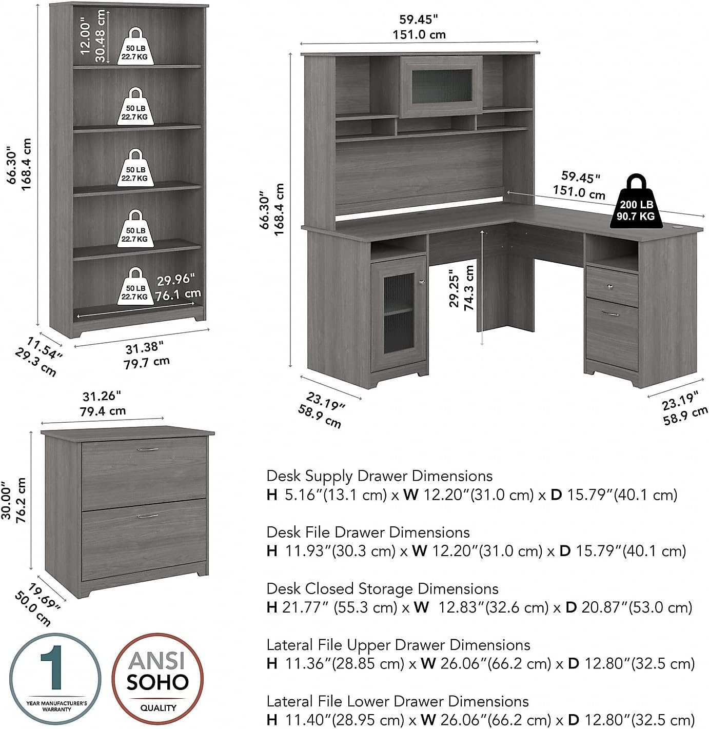 Modern Gray Engineered Wood L-Shaped Desk with Hutch and Storage