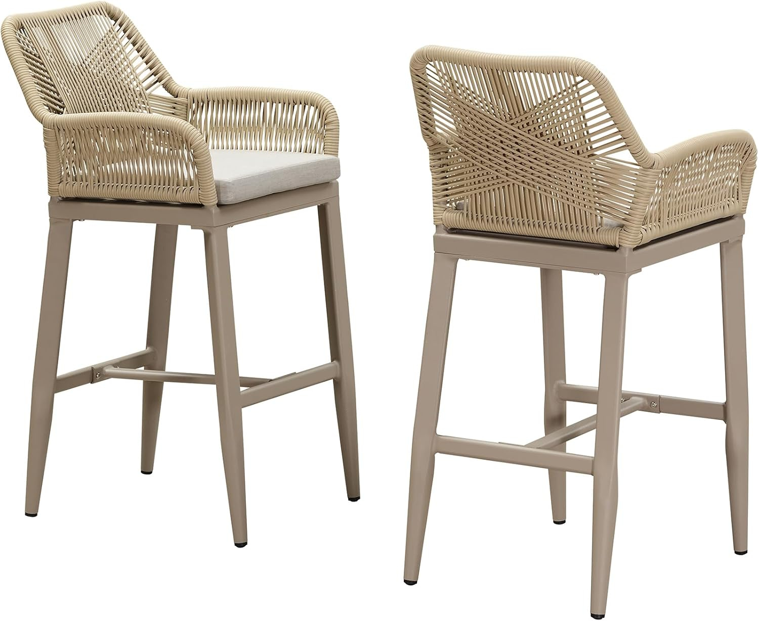 PURPLE LEAF Outdoor Wicker 29" Bar Stools Set of 2, Boho Patio Bar Height Chair with Cushion and Back for Outdoor and Indoor, Garden, Patio, Smoke Grey