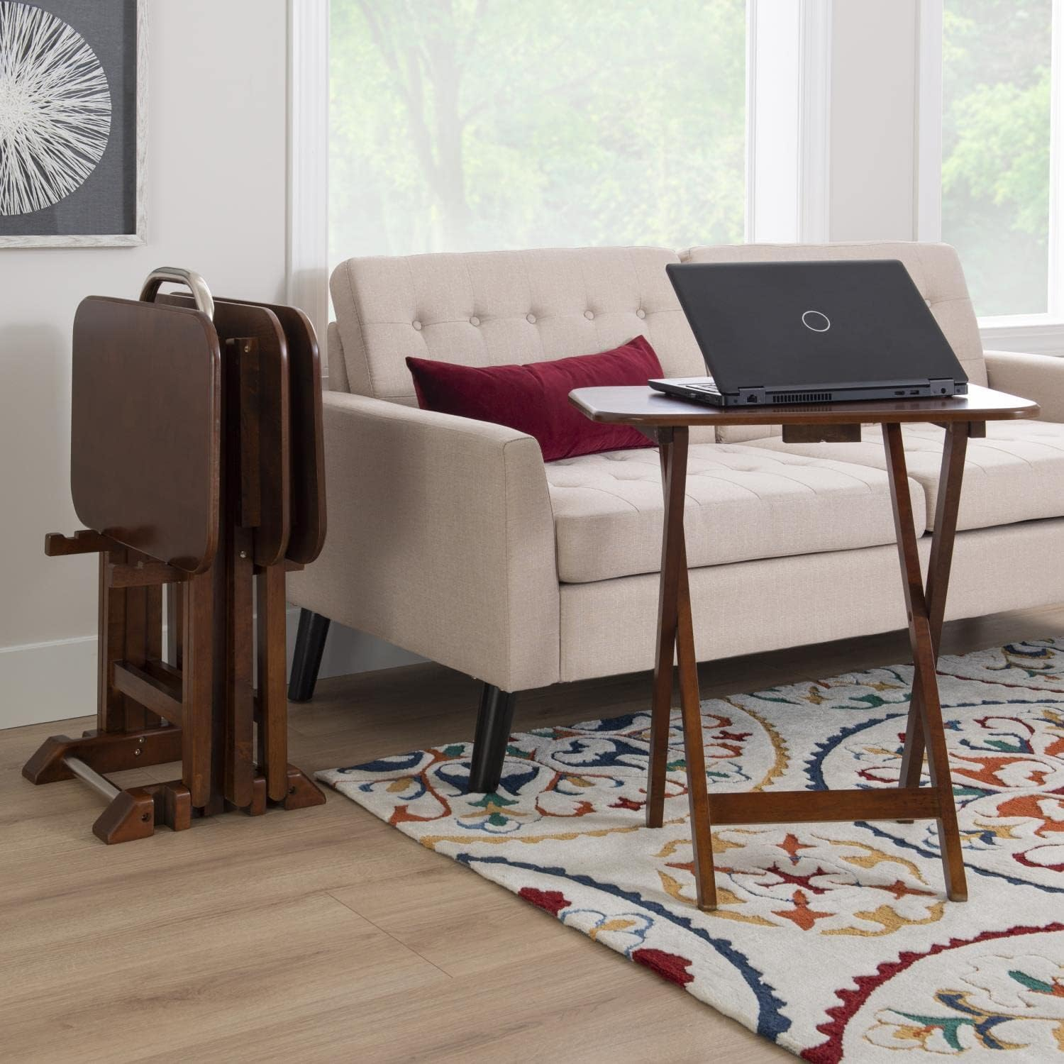 Linon Burke Wood 5 Piece Oversized Tray Table Set Chrome Handle in Dark Cherry