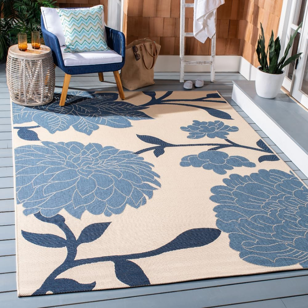 SAFAVIEH Courtyard Tyson Floral Indoor/Outdoor Area Rug, Beige/Blue, 5'3" x 7'7"