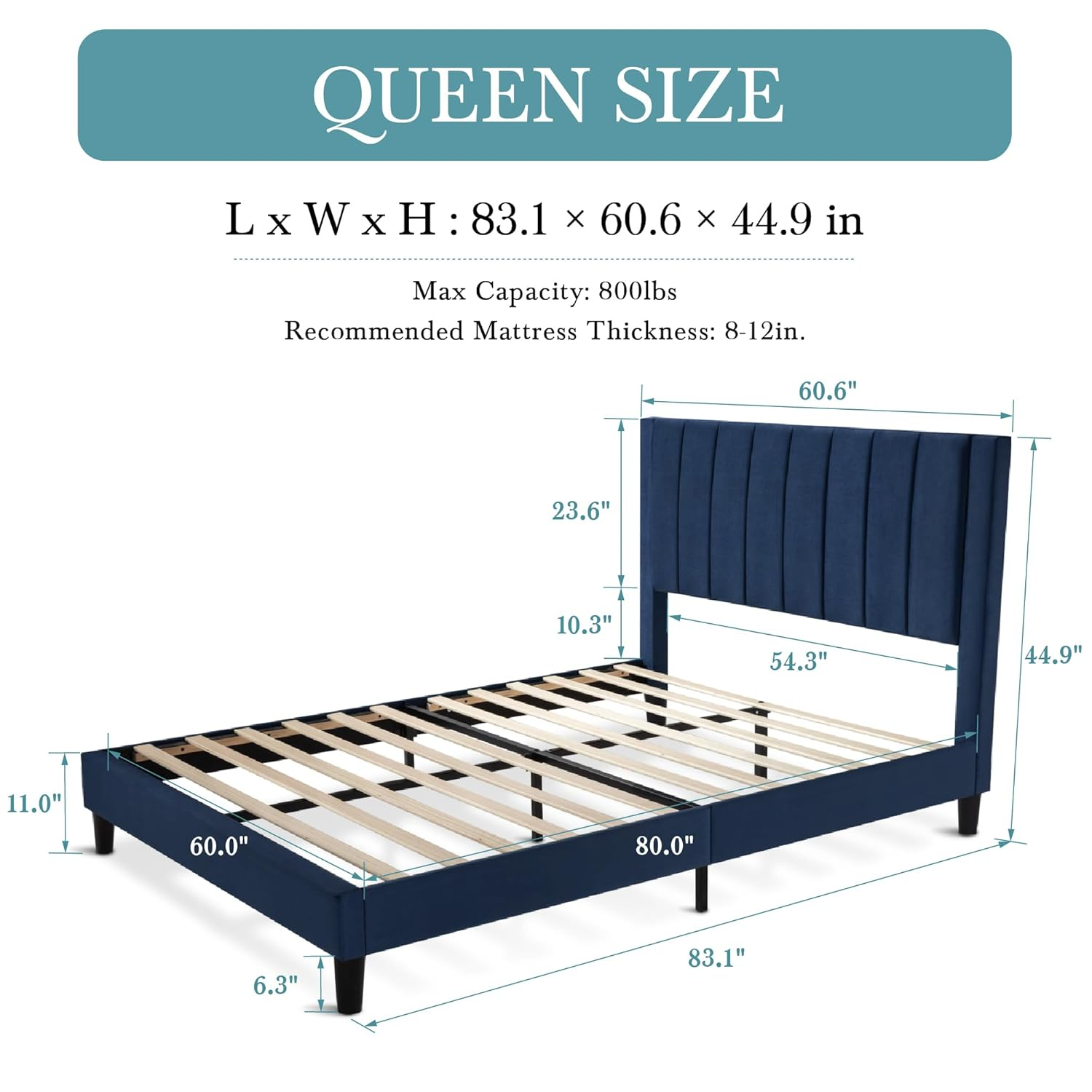 BizChair Queen Upholstered Platform Bed with Vertical Stitched Wingback Headboard, Slatted Mattress Foundation, No Box Spring Needed, Navy Velvet