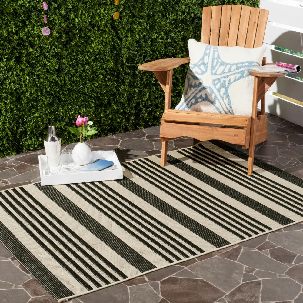 SAFAVIEH Courtyard Caroline Striped Indoor/Outdoor Area Rug, 4' x 5'7", Black/Bone
