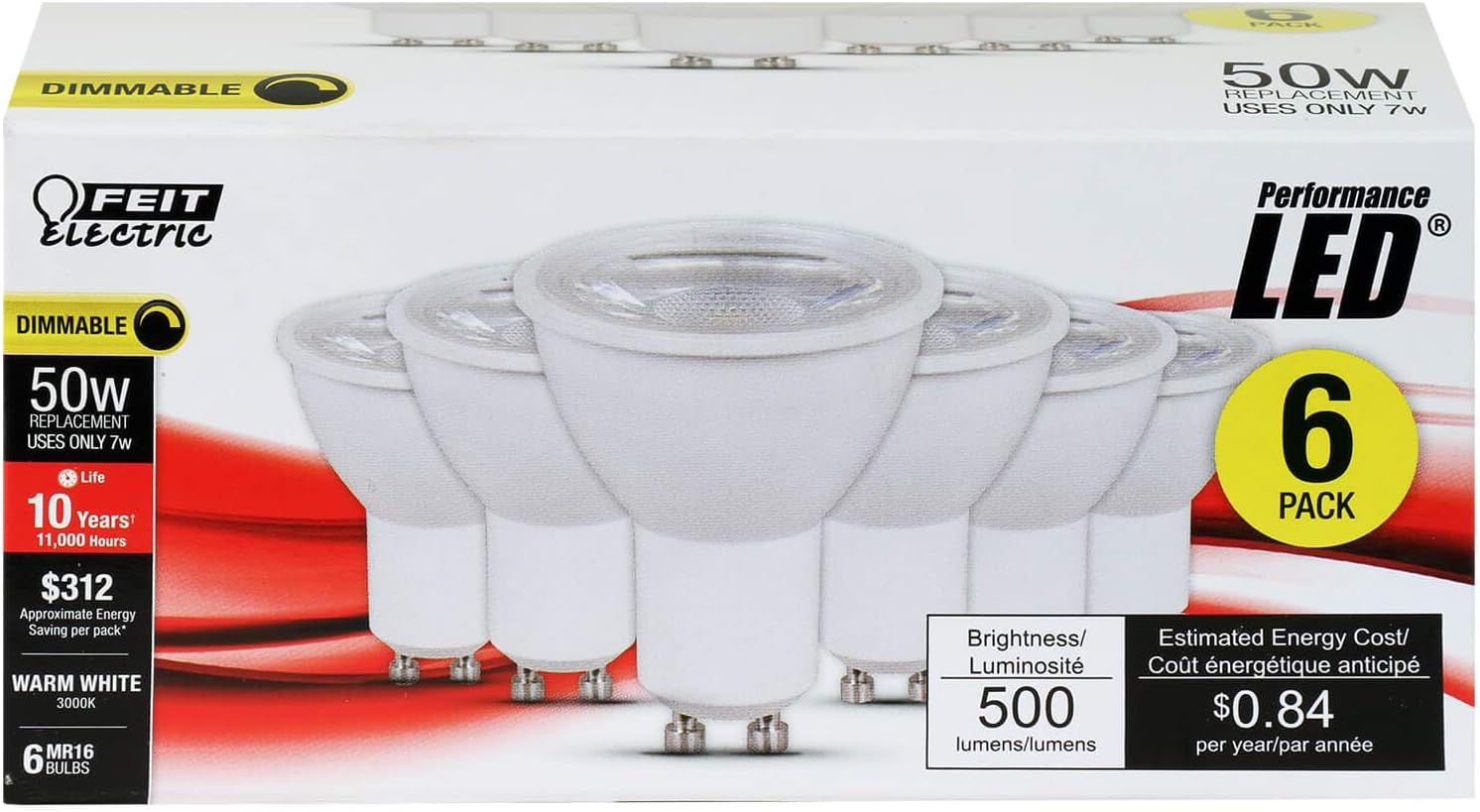 FEIT MR16GU10500/10KLED/6 500 Lumens 3000K MR16 Dimmable LED (6-Pack)