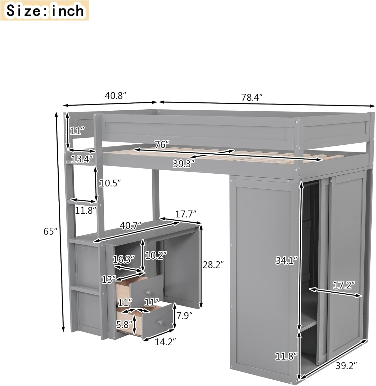 Harper & Bright Designs Twin Size Loft Bed with Wardrobes and Desk, Solid Wood Loft Bed Frame with 2 Storage Drawers Cabinet, for Kids Teens Adults (Gray)