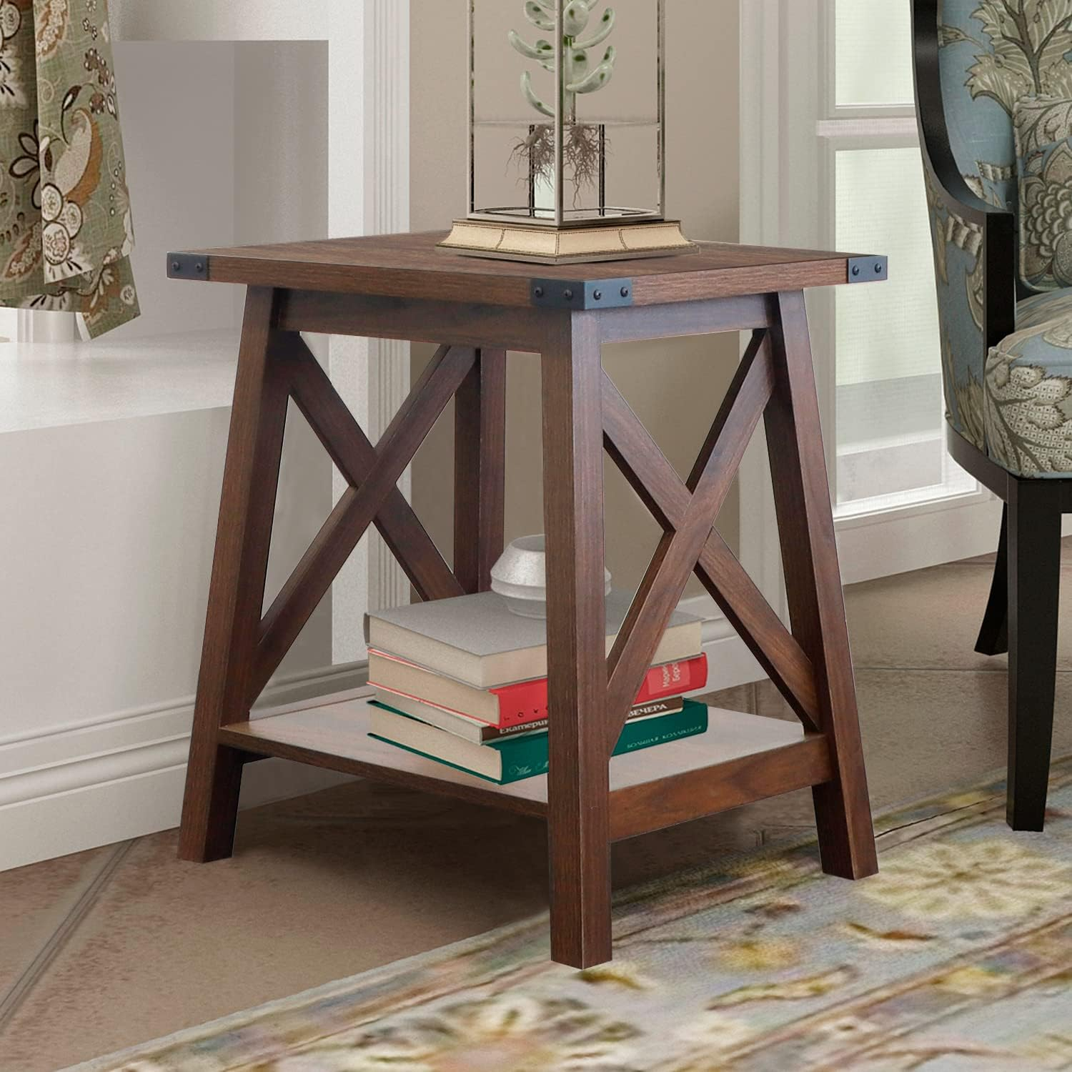Rainbow Sophia Side Table End Table for Living Room, Farmhouse Accent Wood Nightstand for Bedroom with 2-Tier Storage, Dark Walnut