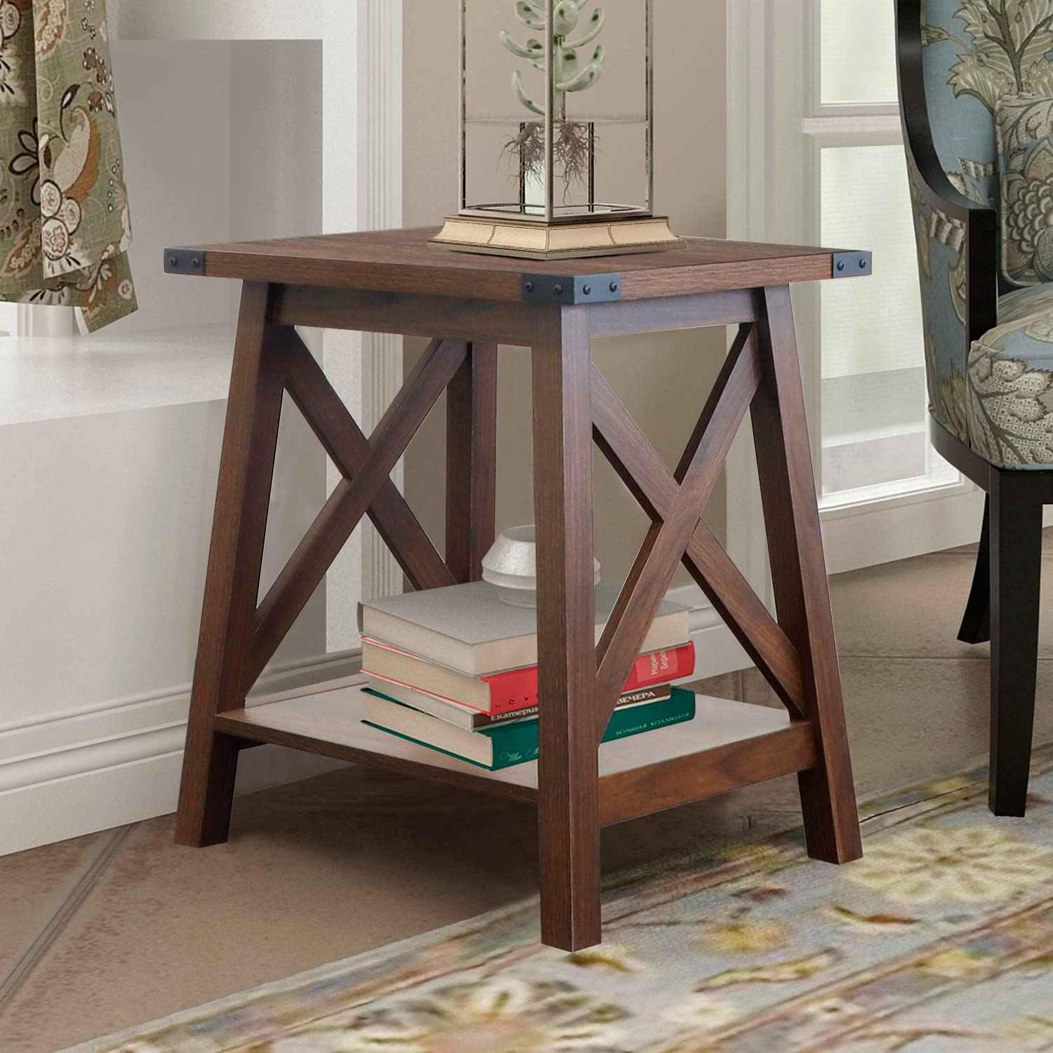 Rainbow Sophia Side Table End Table for Living Room, Farmhouse Accent Wood Nightstand for Bedroom with 2-Tier Storage, Dark Walnut