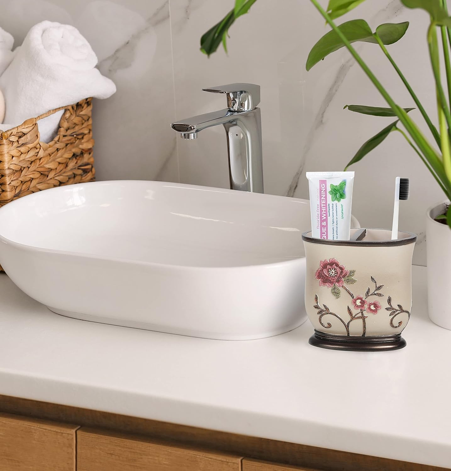Popular Bath Toothbrush Holder, Larrisa Collection, Rose Design , Brown
