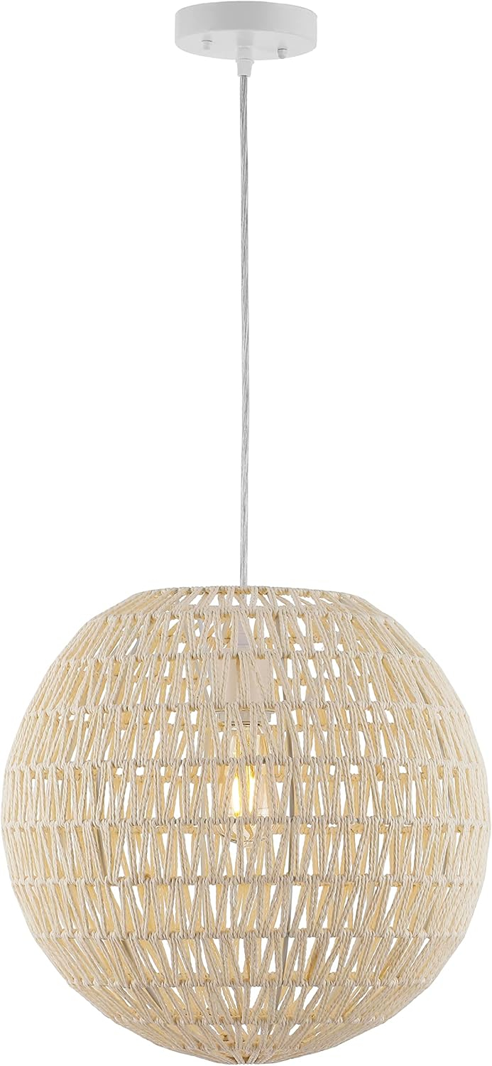 Luna 15.75" 1-Light Bohemian Modern Woven Rattan/Iron LED Pendant, Cream/White