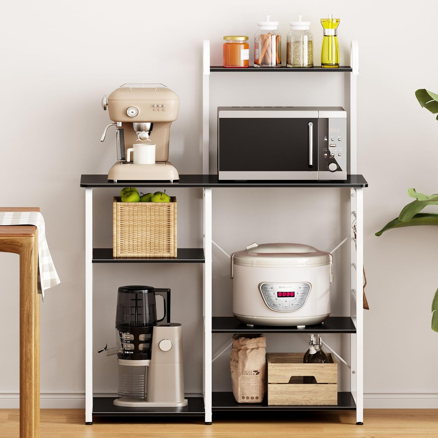 SogesPower Kitchen Stand 4-Tier Storage Shelf with Hooks Microwave Oven Stand Multifunction Workstation Shelf Black 35.4"L x 15.4"W x 55.1"H