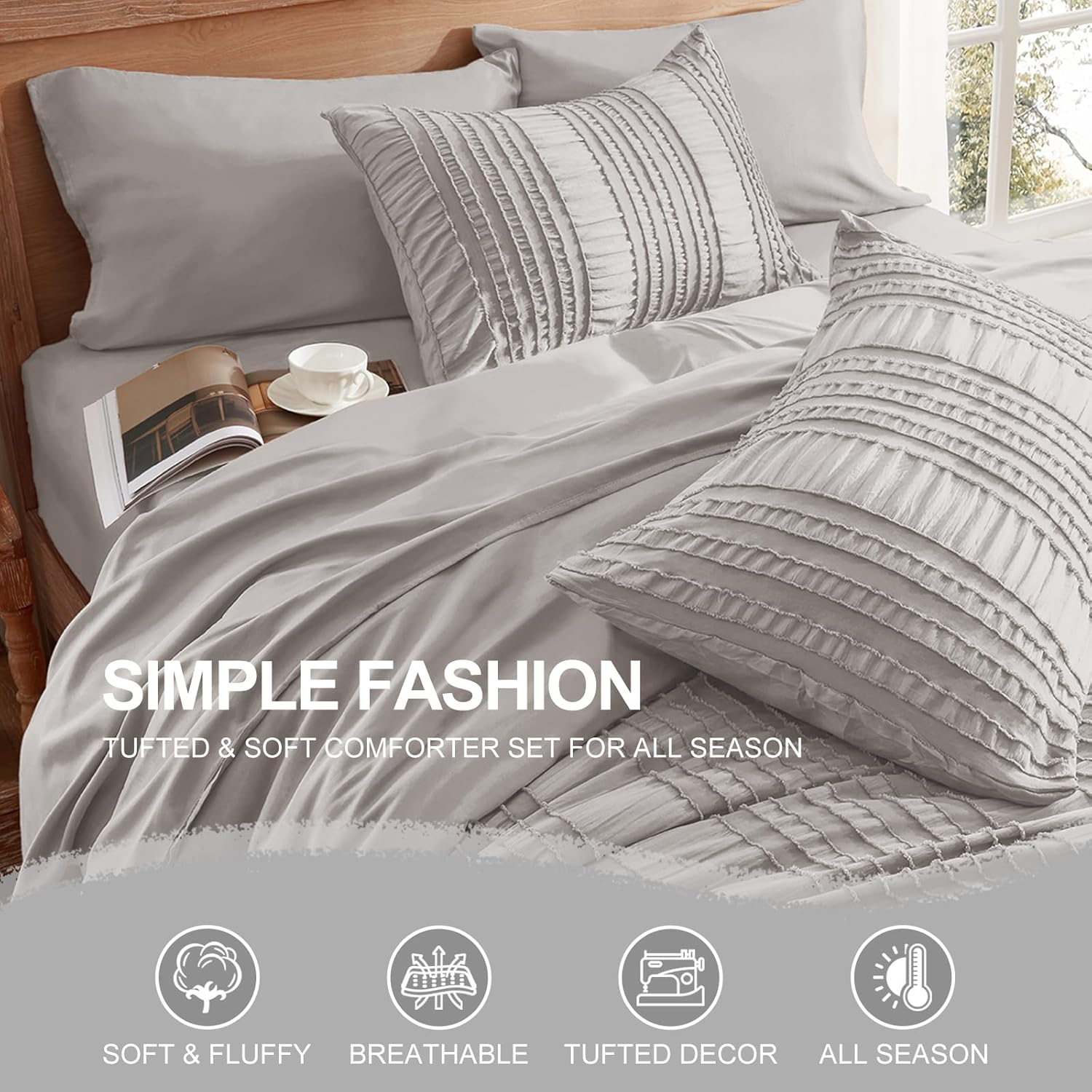Grey Tufted Comforter Set Queen Size 7 Piece Bed in a Bag，Shabby Chic Boho Bedding for Bedroom Comforter，All Season Soft Microfiber Ruffle Comforter Set with Pillow and Sheets