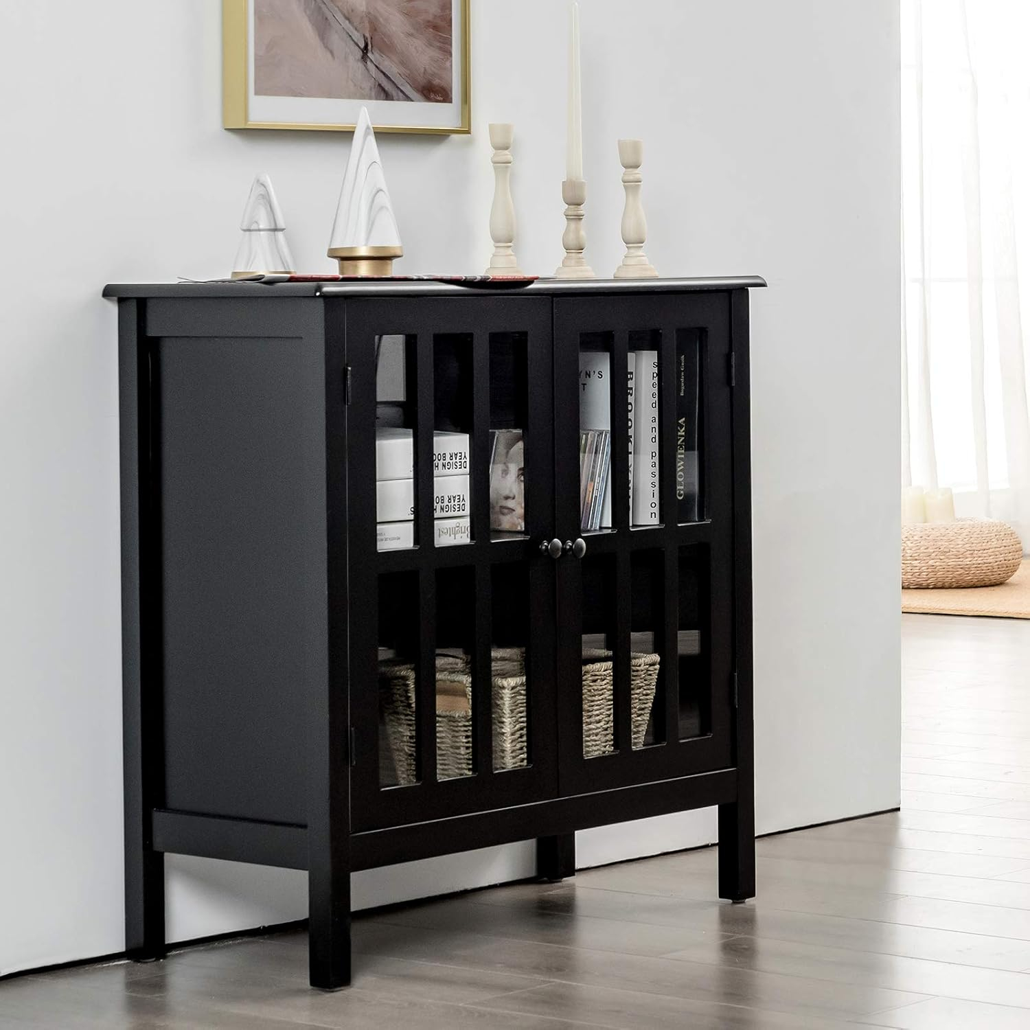 Tangkula Sideboard Buffet Storage Cabinet, with 2 Glass Doors, Liquor Curio Cabinet for Home Kitchen Dining Room, Cupboard Console Table (Black)