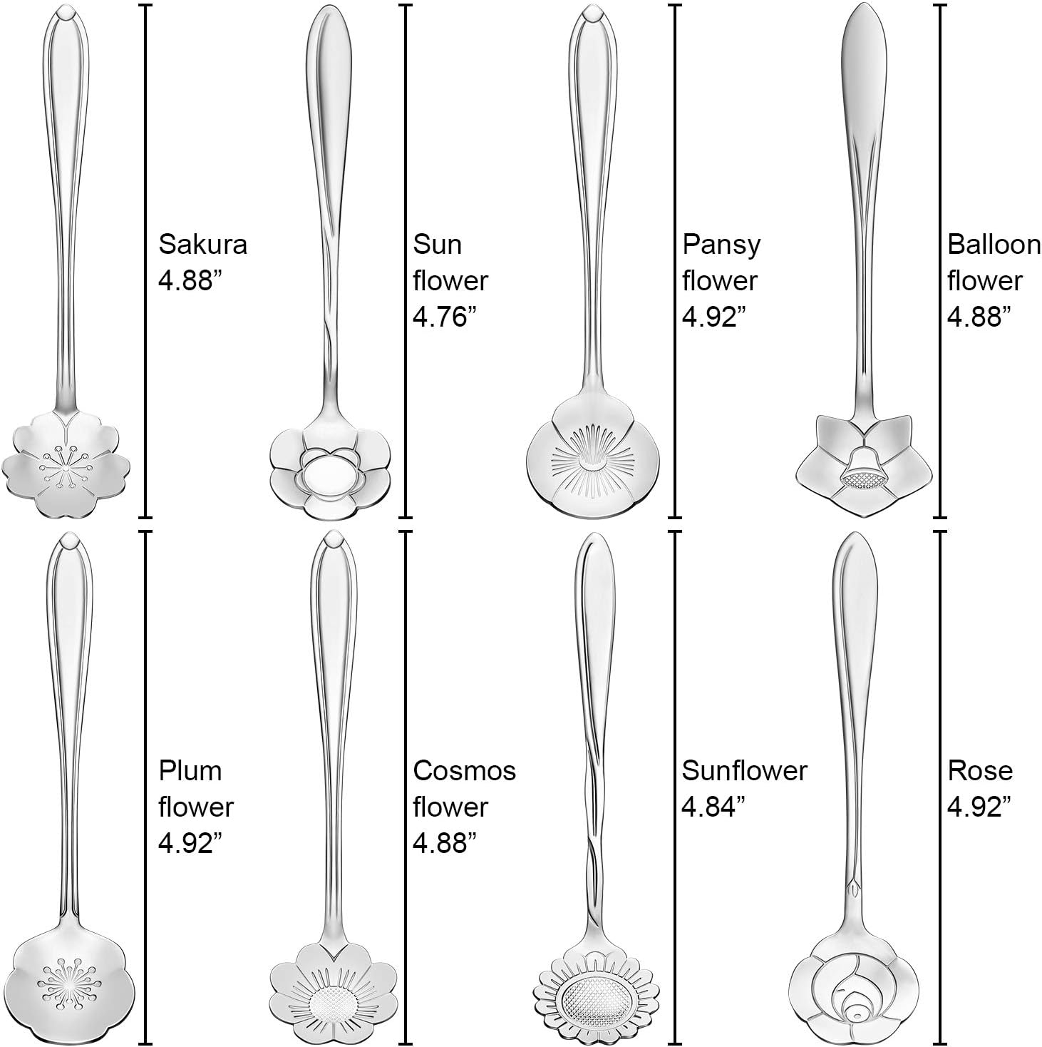 Chengu 8 Pieces Flower Coffee Tea Spoons Stainless Steel Sugar Spoons Tea Party Flower Fancy Tableware Set Stir Bar Creative Stirring Teaspoon, 8 Different Patterns(Silver)