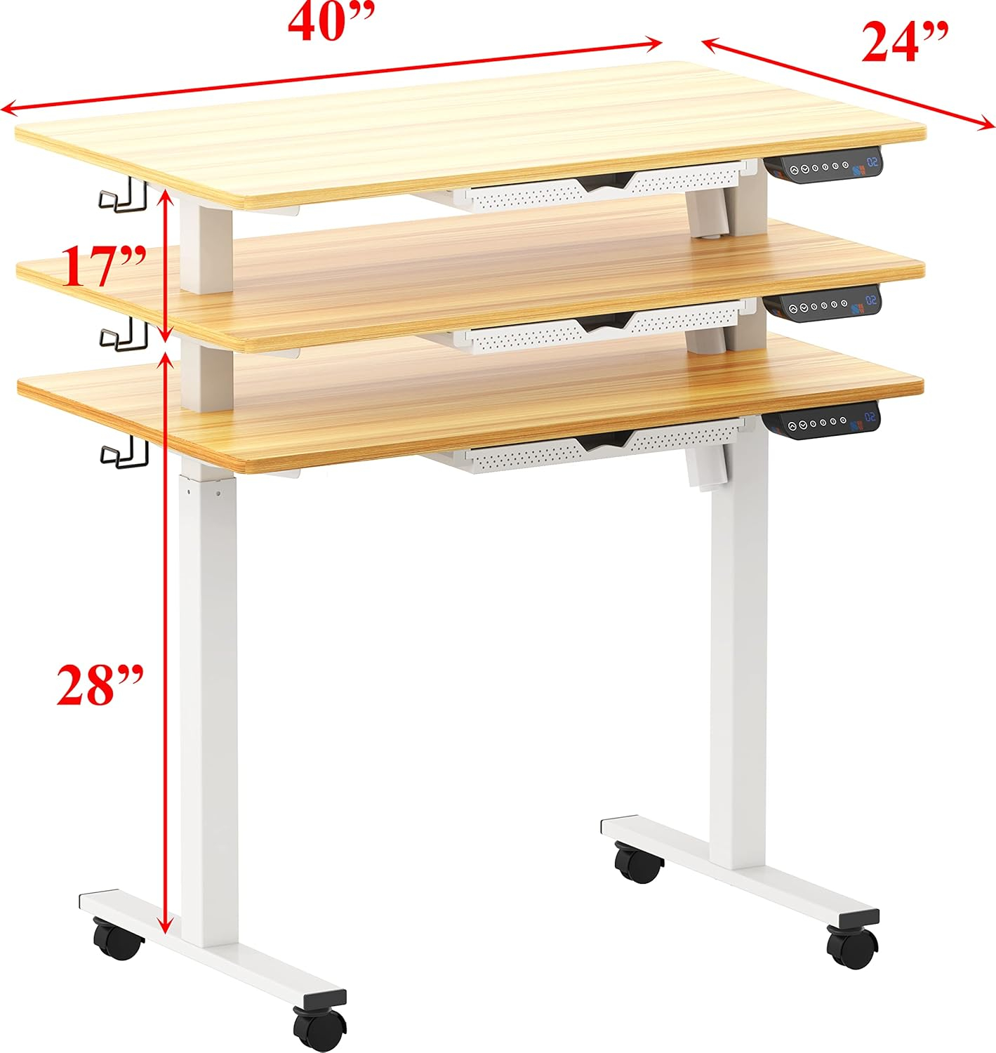SHW 40-Inch Mobile Electric Height Adjustable Sit to Stand Desk with Drawer, Hanging Hooks and Cable Management, Oak
