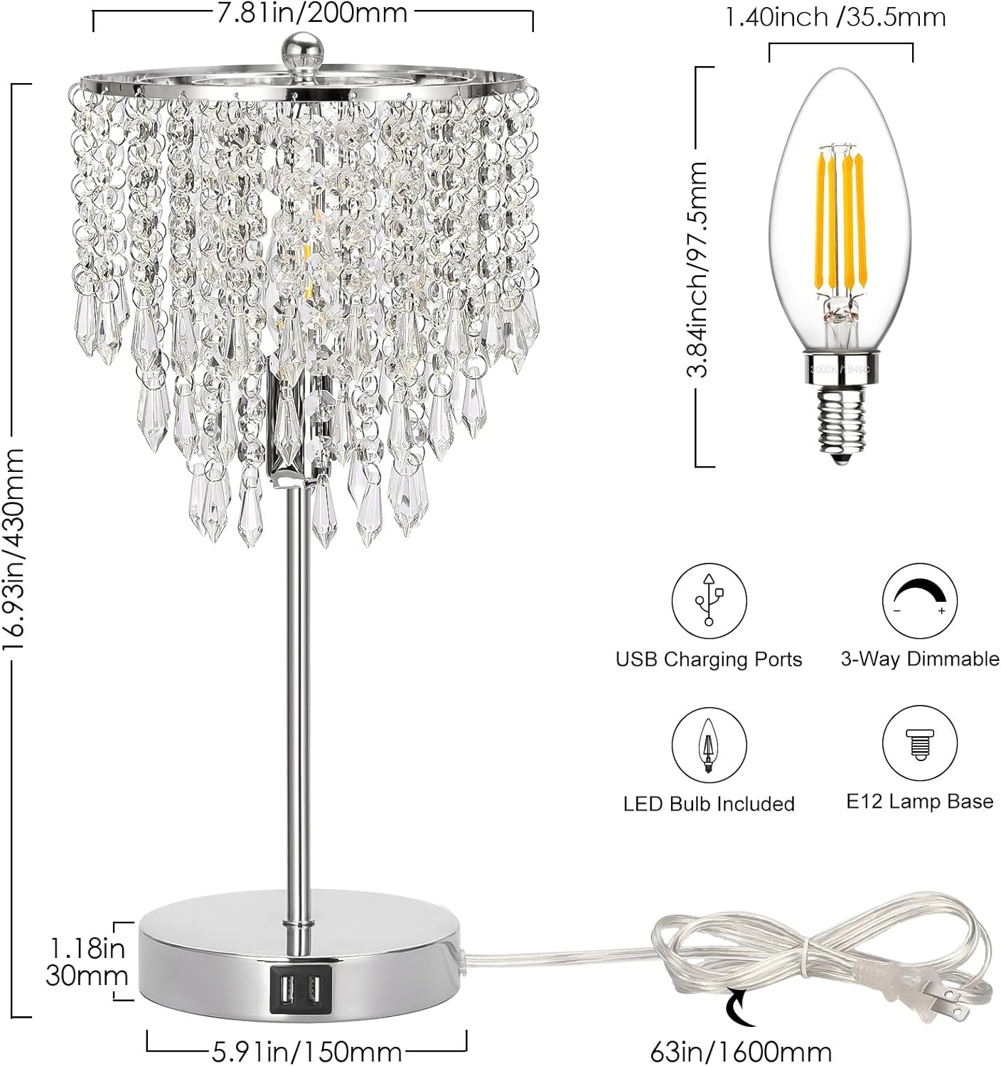 White Crystal 3-Way Touch Control Table Lamp with USB Ports