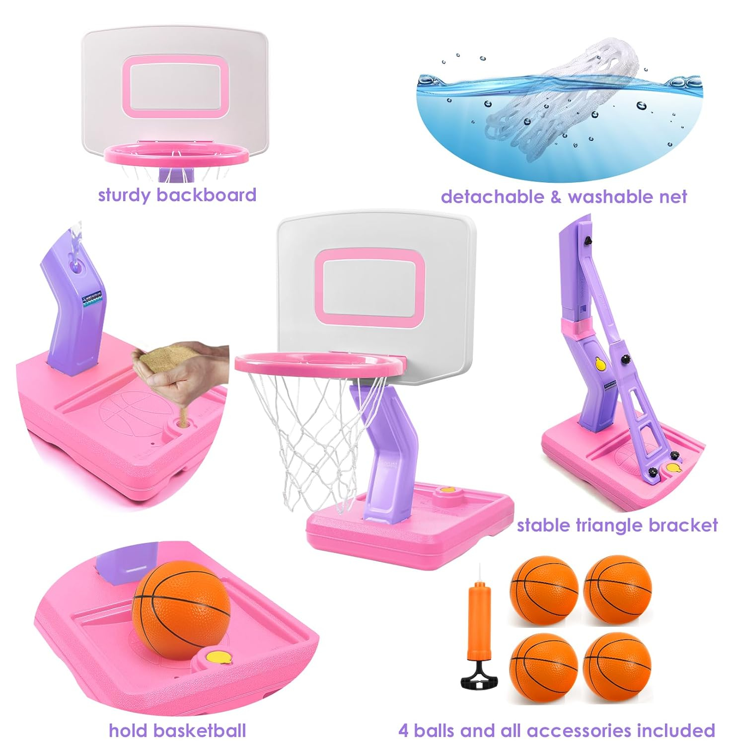 Toddler Little Girls Basketball Hoop Set with 4 Balls for Indoor Outdoor Age 1-3 2-4 3-5, Height Adjustable Basketball Goal for Kids Backyard Basketball Toys for 1 2 3 4 Year Old Girl Birthday Gifts