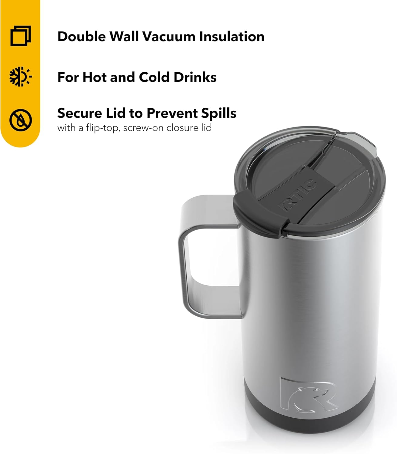 RTIC 16 oz Coffee Travel Mug with Lid and Handle, Stainless Steel Vacuum-Insulated Mugs, Leak, Spill Proof, Hot Beverage and Cold, Portable Thermal Tumbler Cup for Car, Camping