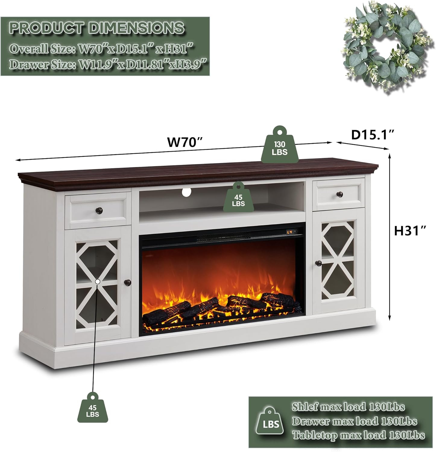 SinCiDo Farmhouse Fireplace TV Stand 75 Inch, Electric Fireplace TV Stand Up to 80 Inch TVs, Entertainment Center with Fireplace for Living Room