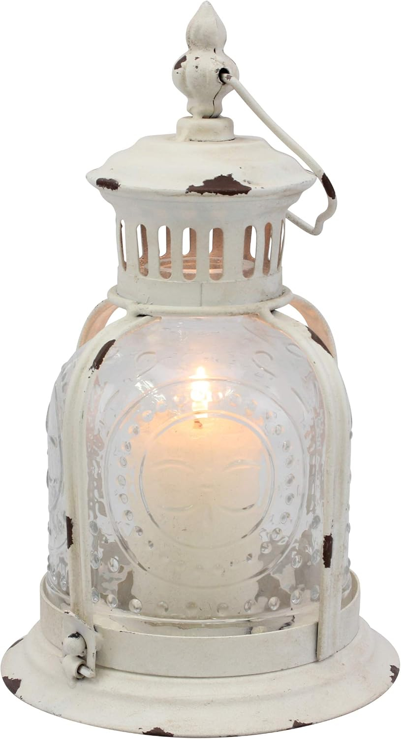 Stonebriar Indoor 10" Vintage Metal and Glass Candle Lantern, White