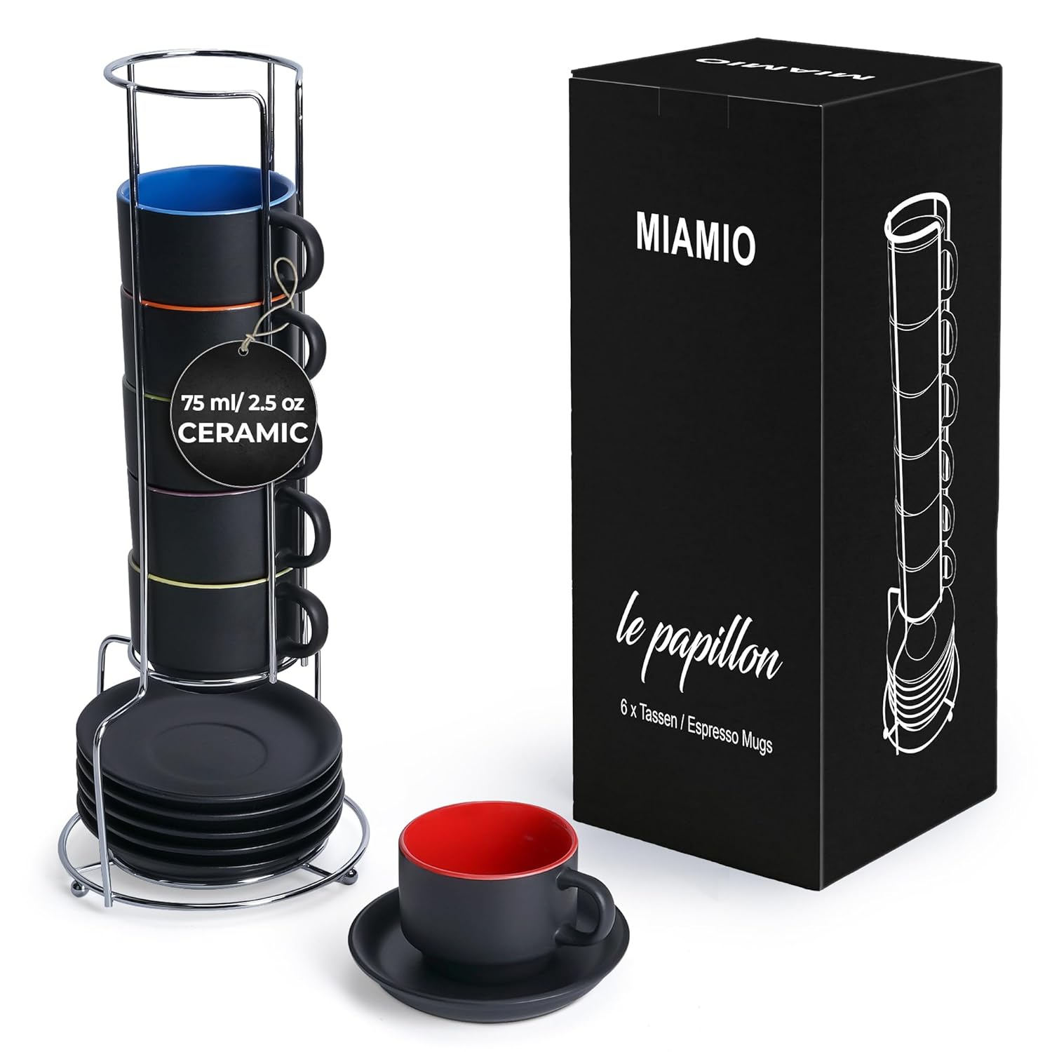 MIAMIO - 2.5 oz Espresso Cup Set with Saucers Coffee Mug Set of 6 - Ceramic Coffee Mug Stackable Espresso Mug with Stand for Coffee Drinks, Latte, Cafe Mocha - Le Papillon Collection (Colorful)