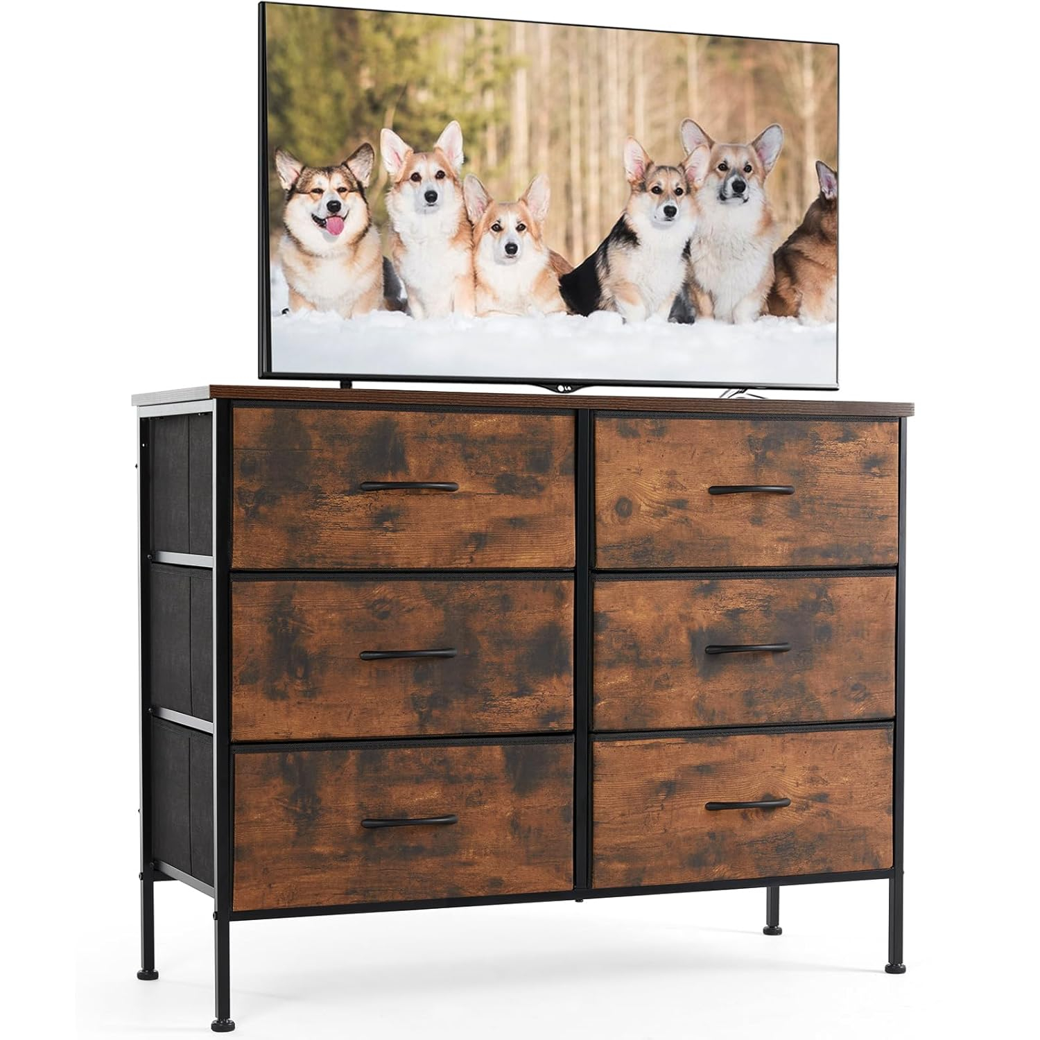 Sweetcrispy 6 Drawer Dresser for Bedroom, Fabric Chest of Drawers Dressers, Storage Tower Unit with Fabric Bins, Bedroom Dresser for Closet, Living Room, Hallway, Wood Top, Steel Frame, Brown