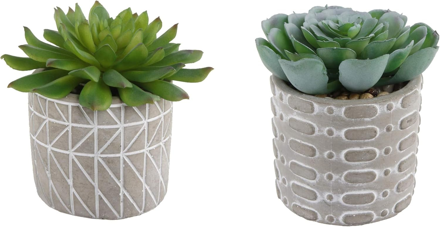 Flora Bunda Mid Century Artificial Plants Cactus Set of 2 Fake Succulent in 3" Cement Diamond line Pot Grey Planter, Potted Plants, for Home Office Decorations C65