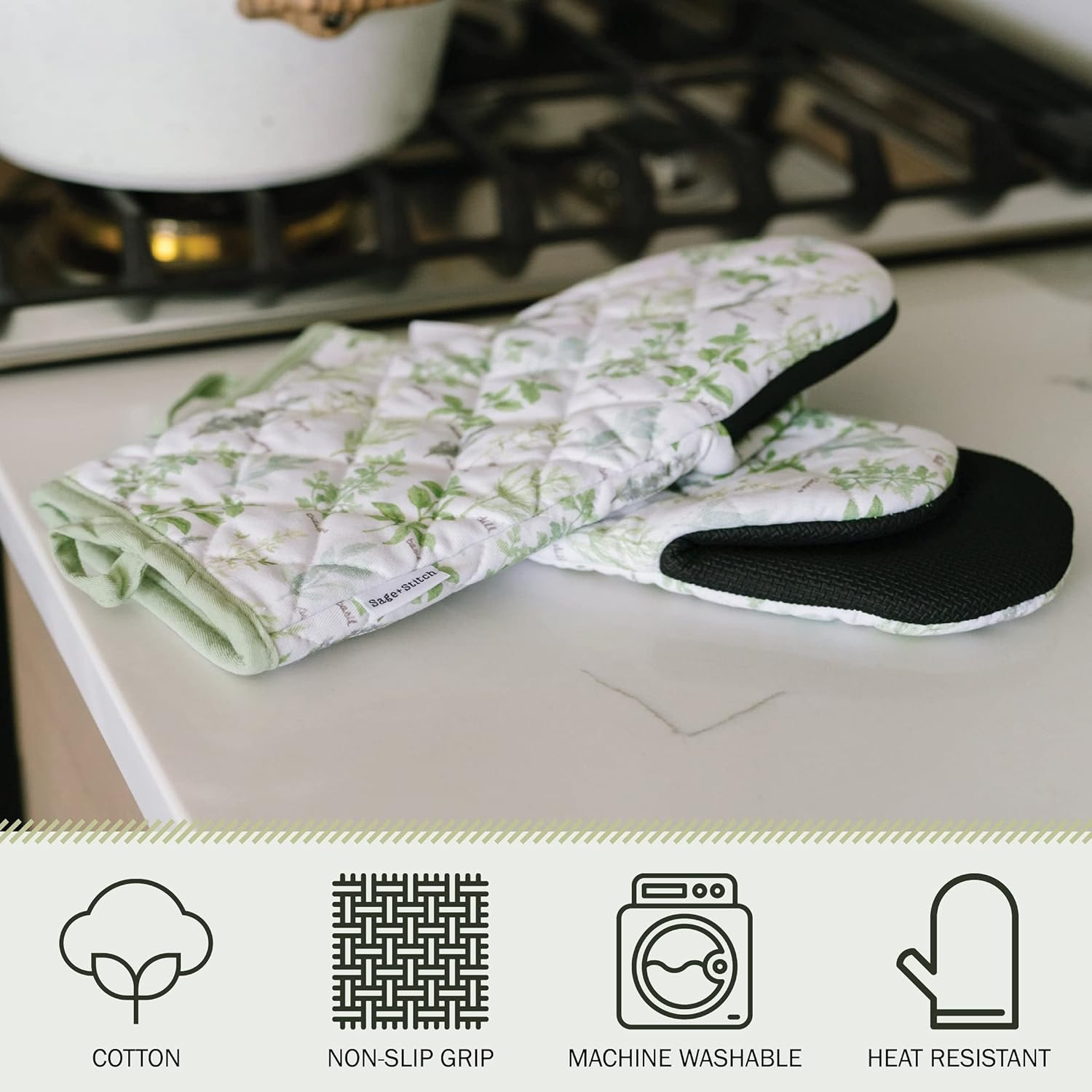 Sage+Stitch Kitchen Oven Mitts with Neoprene Non-Slip Grips and Hanging Loops | Set of 2 100% Cotton Long Sleeve Hot Pots | 5.5" x 12" | Green Herbs