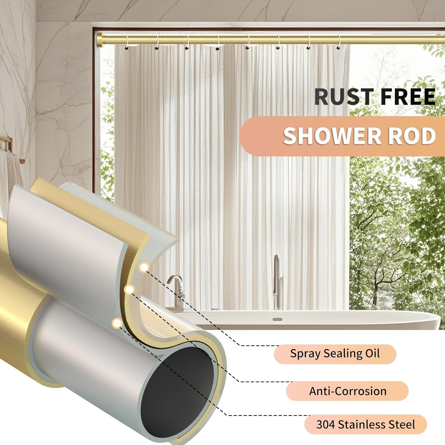Gold Shower Curtain Rod 34-66 Inches(2.8-5.5ft) Never Rust Adjustable Shower Rod Spring Tension Non Slip No Drilling Shower Rods for Bathroom Garland Window