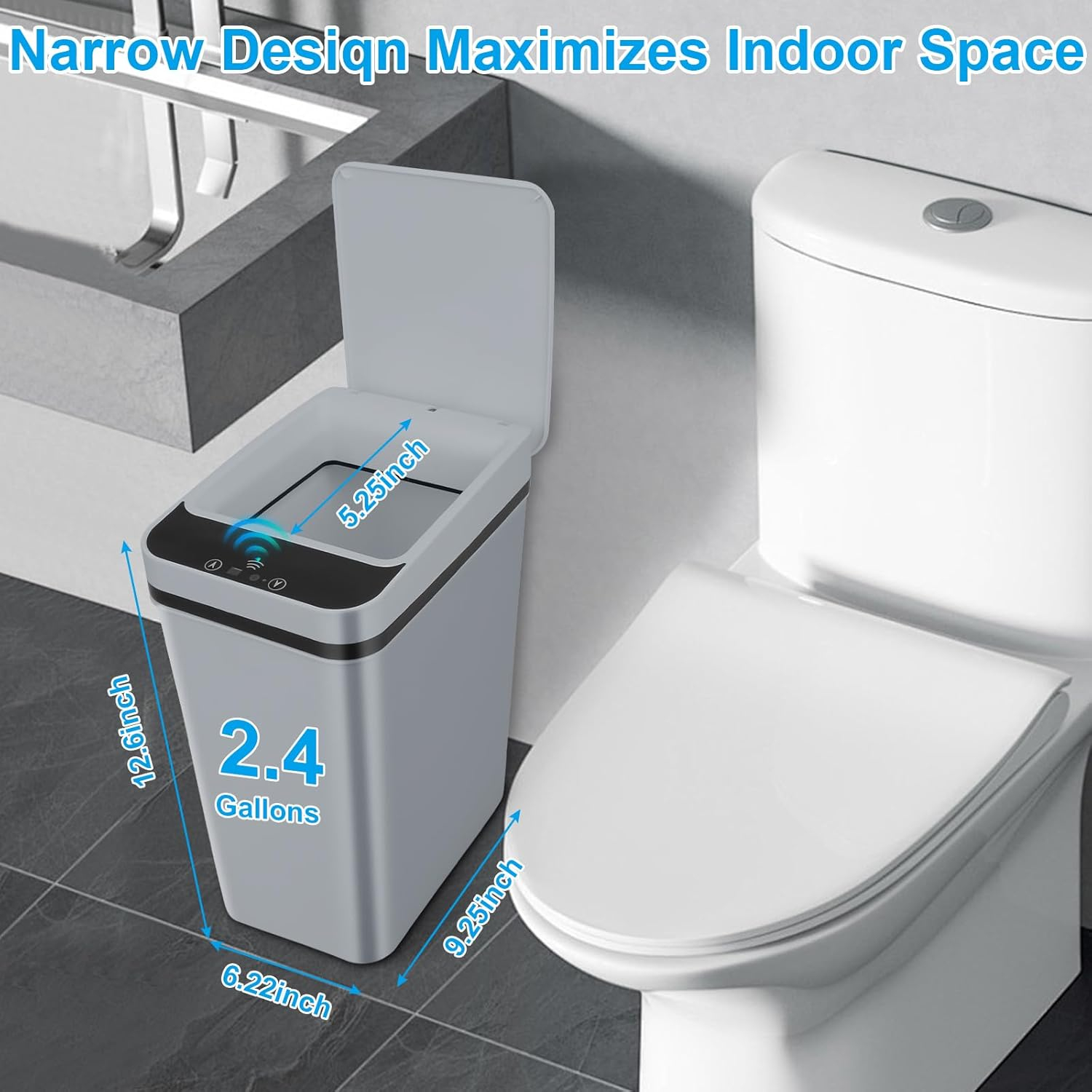 Bathroom Trash can,Smart Touchless Trash Can,Automatic Motion Sensor Trash Bin with Lid,2.4 Gallon Garbage Can, Kitchen, Bathroom, Office, Bedroom Trash can (Grey)