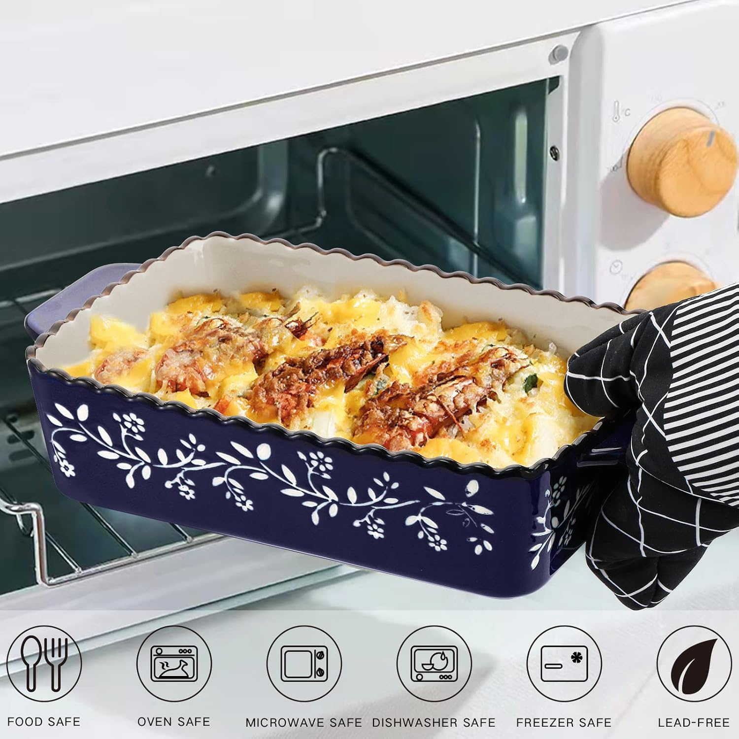 AVLA 3 Pack Ceramic Bakeware Set Porcelain Rectangular Baking Dish Lasagna Pans for Cooking Kitchen Casserole Dishes Cake Dinner 12 x 8.5 x 6 Inches of Baking Pans Banquet and Daily Use Cobalt Blue