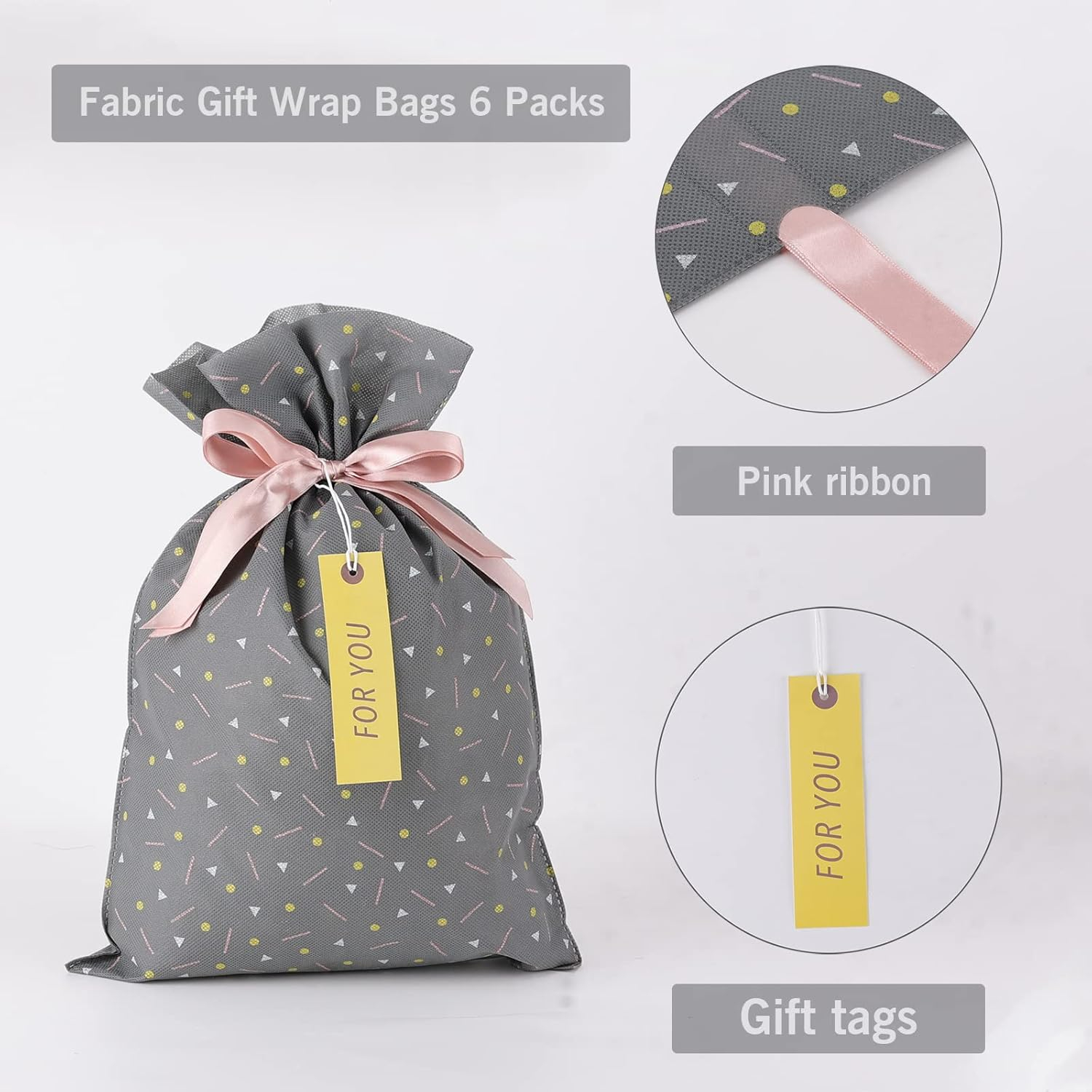 Yatinbos Fabric Gift Wrap Bags, Grey Reusable Cloth Gift Bags Sets of 6 with Drawstring and Tags for Christmas Holiday, Birthday, Wedding or Daily Gift, 12" x 18"