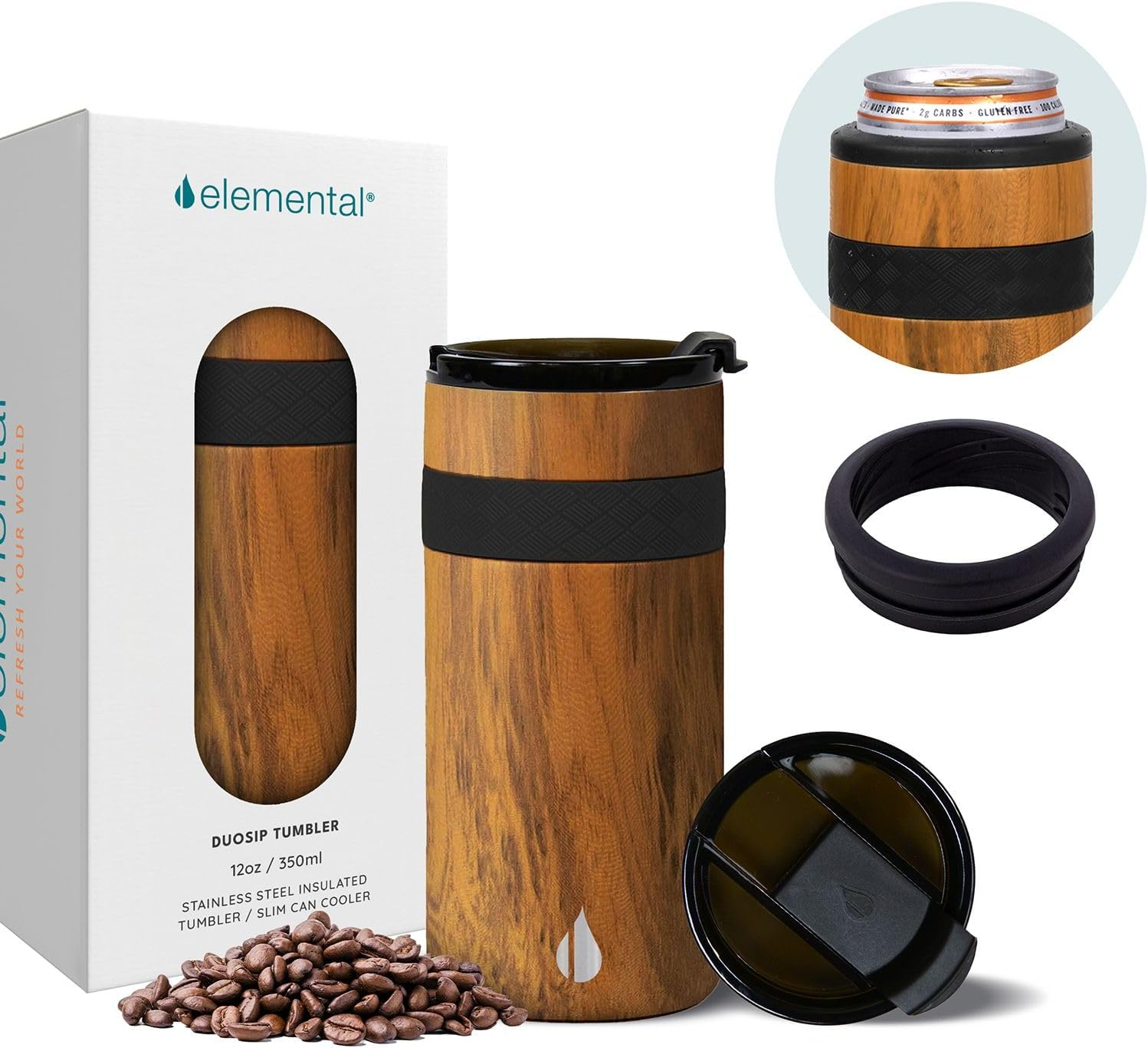 Elemental Duo-Sip 2 in 1 Travel Coffee Tumbler with 100% Leak Proof Lid & Slim Can Cooler Insulator for 12oz Slim Cans, Triple Walled Stainless Steel for Hard Seltzer & Hot/Cold Drinks - Teakwood