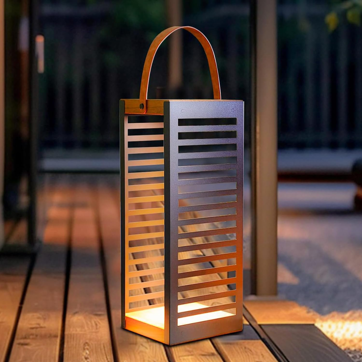 Large Solar Powered Gray Metal Outdoor Floor Lantern