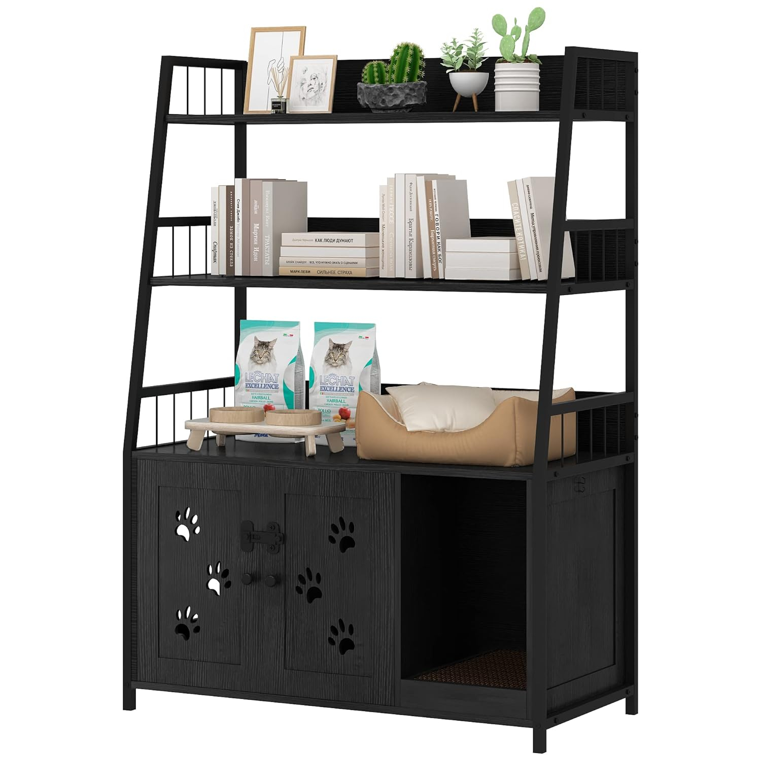 Recaceik Large Cat Litter Box Enclosure with Shelf Storage, Hidden Cat Washroom Furniture, Wooden Cat House with Scratch Pad, Sturdy Indoor Cat Cabinet with 2 Doors, Black