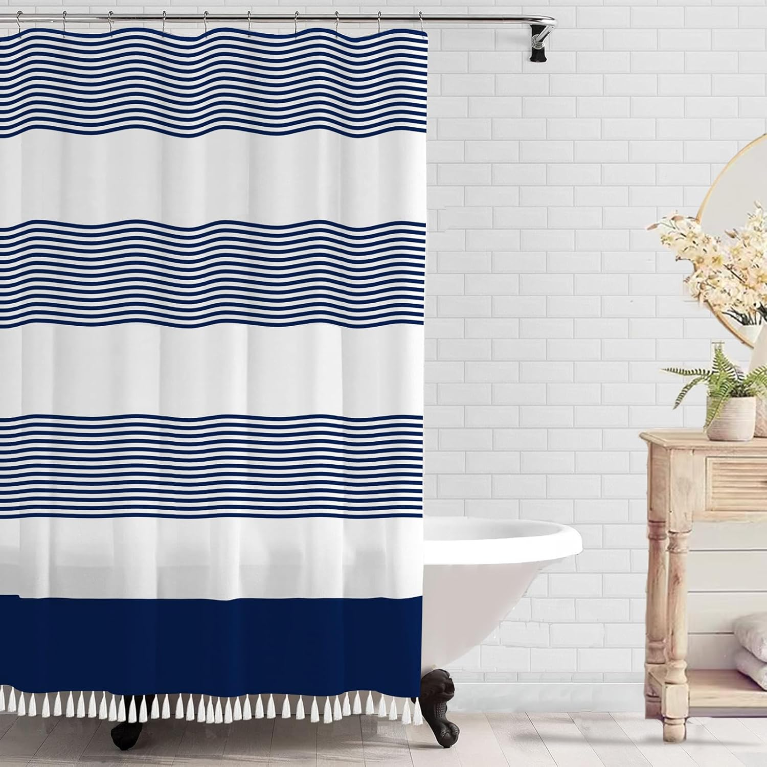 bufftieo Navy Blue and White Shower Curtain for Bathroom Boho Striped Fabric Modern Farmhouse Tassel Shower Curtain Sets - 72" x 72"