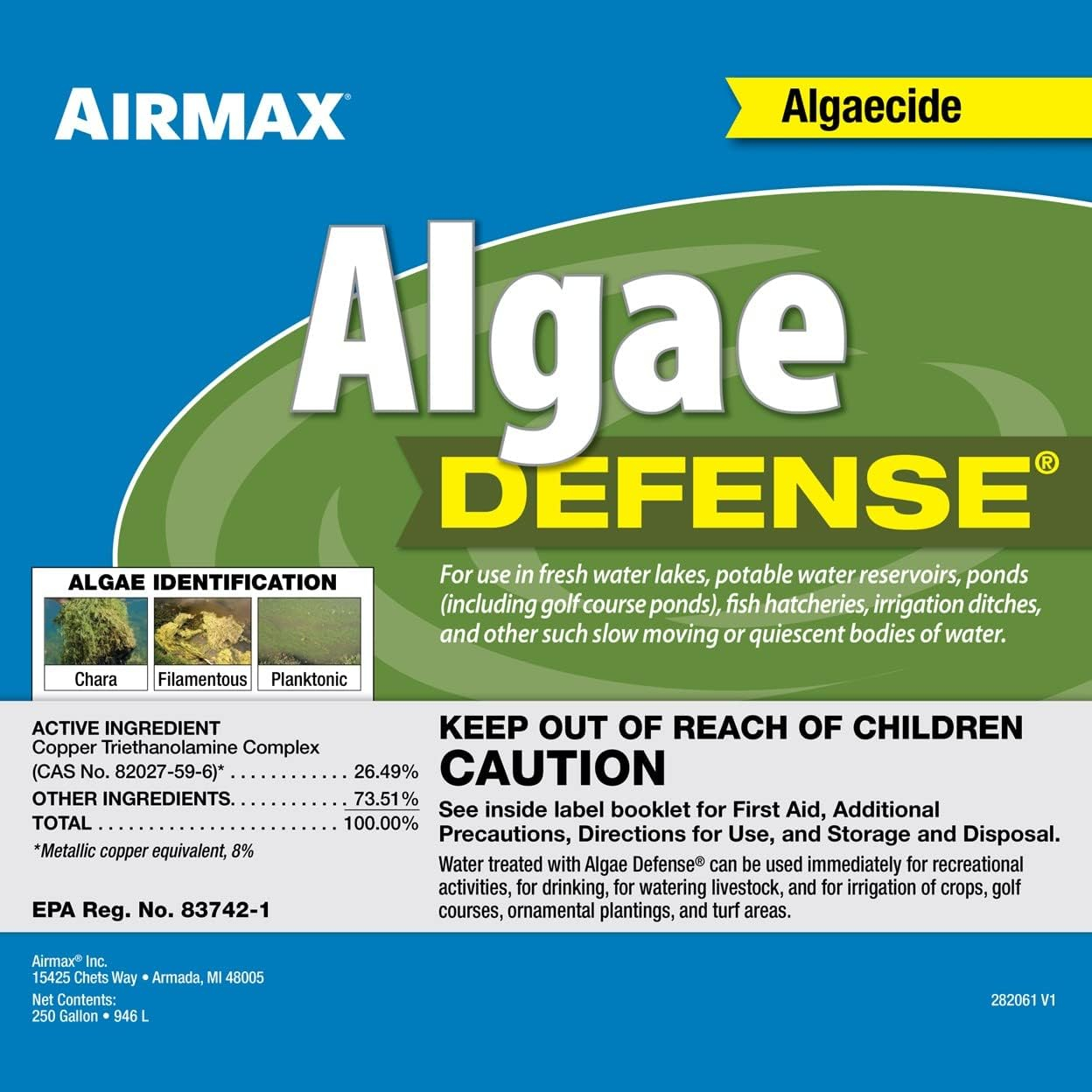 Airmax Algae Defense Pond Algae Control Treatment, For Clearer Pond Water, EPA Registered Algaecide Water Treatment, Safe for Use in Ponds Containing Fish and Plants, Treats 8000 sq ft, 1 Gallon