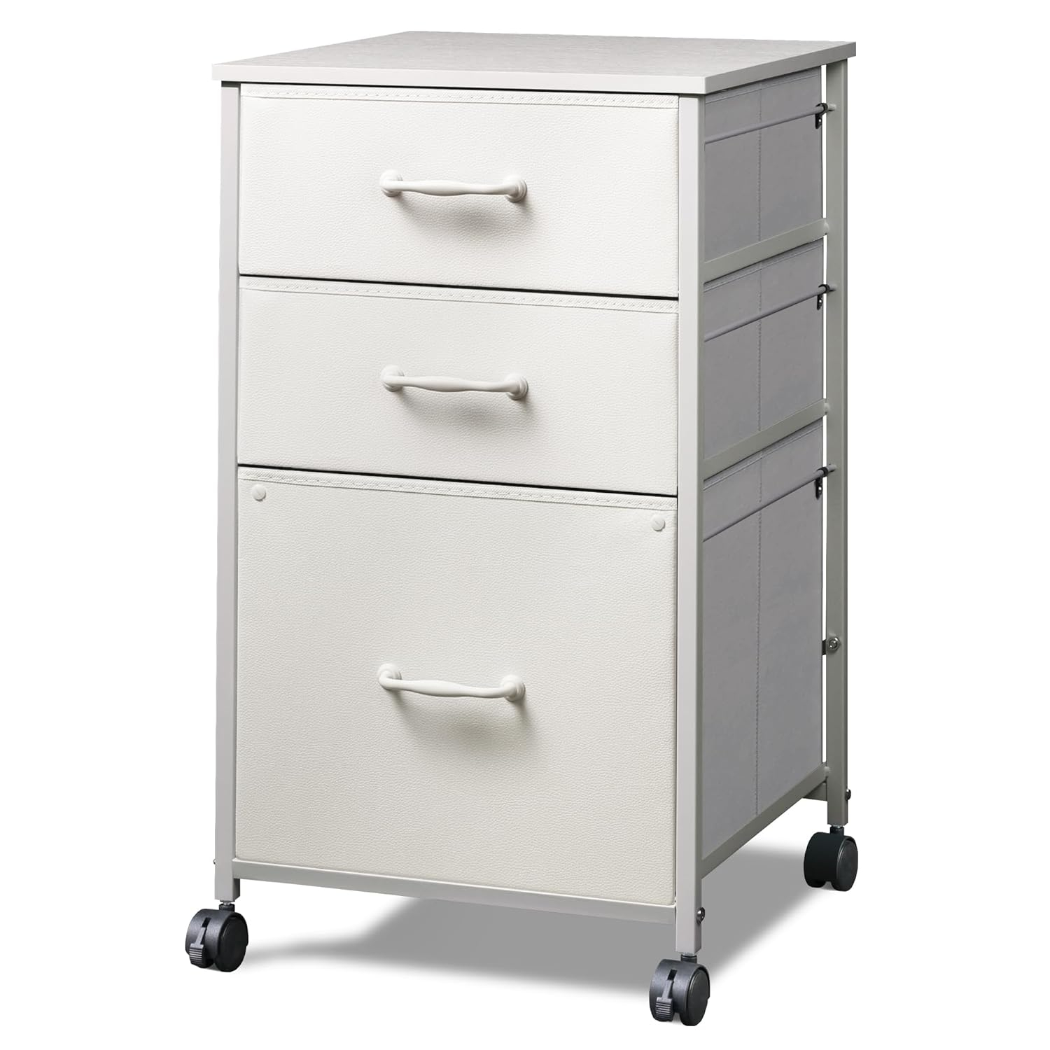 White Fabric and Steel Mobile File Cabinet with 3 Drawers