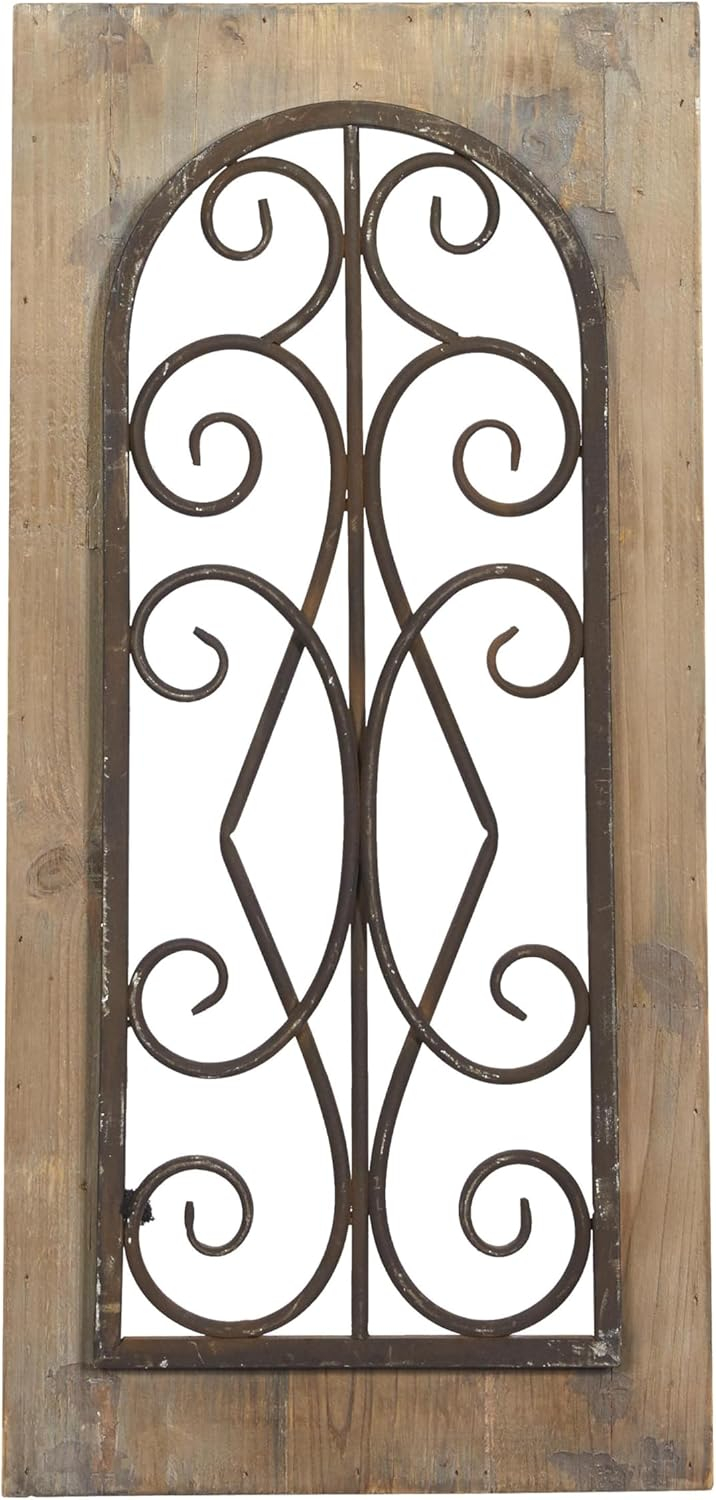Deco 79 Wood Scroll Home Wall Decor Window Inspired Wall Sculpture with Metal Scrollwork Relief, Wall Art 11" x 2" x 23", Brown