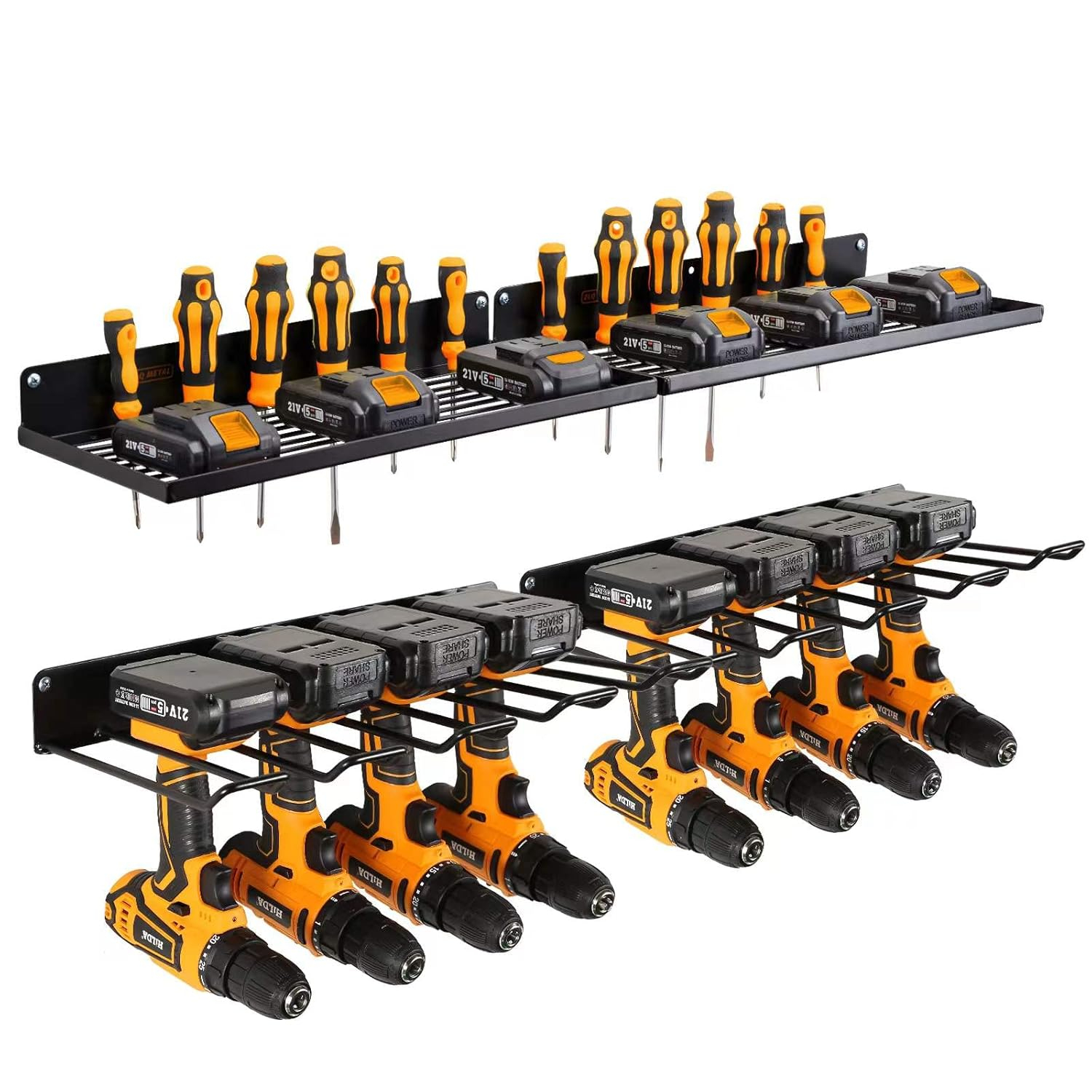 Power Tool Organizer with Charging Station, Drill Holder, Wall Mount, Garage Storage Shelves, Heavy Duty Pegboard Wall Organizer Set, Solid Metal, Black, 2 Pack, 4 Set