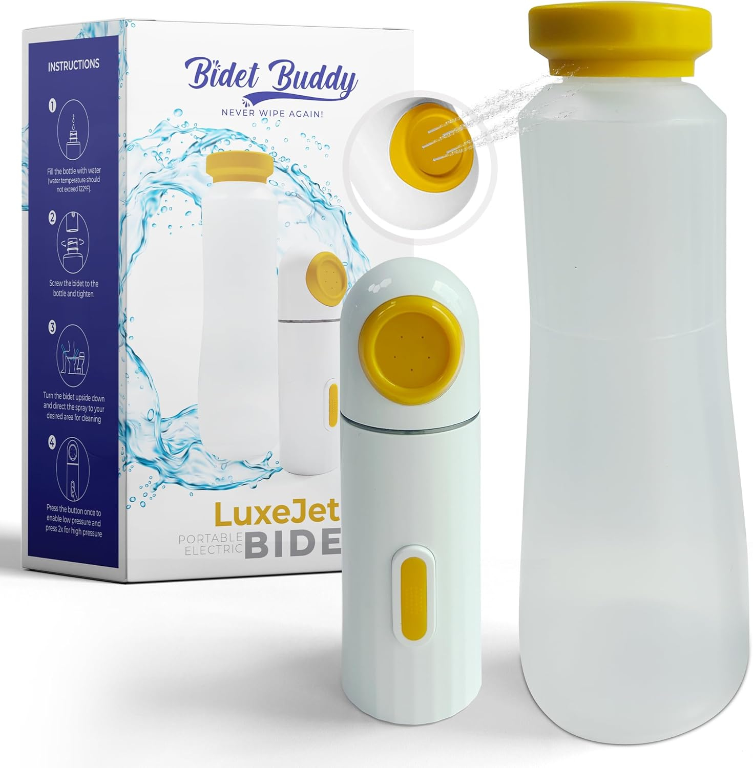 BIDET BUDDY® LuxeJet V2 Portable Bidet for Travel | 300ml/min Flow | 450mAh Battery | 350ML Bottle | IPX7 Waterproof | USB-C Charging | The New & Improved LuxeJet for 2025 with Soft Pressure
