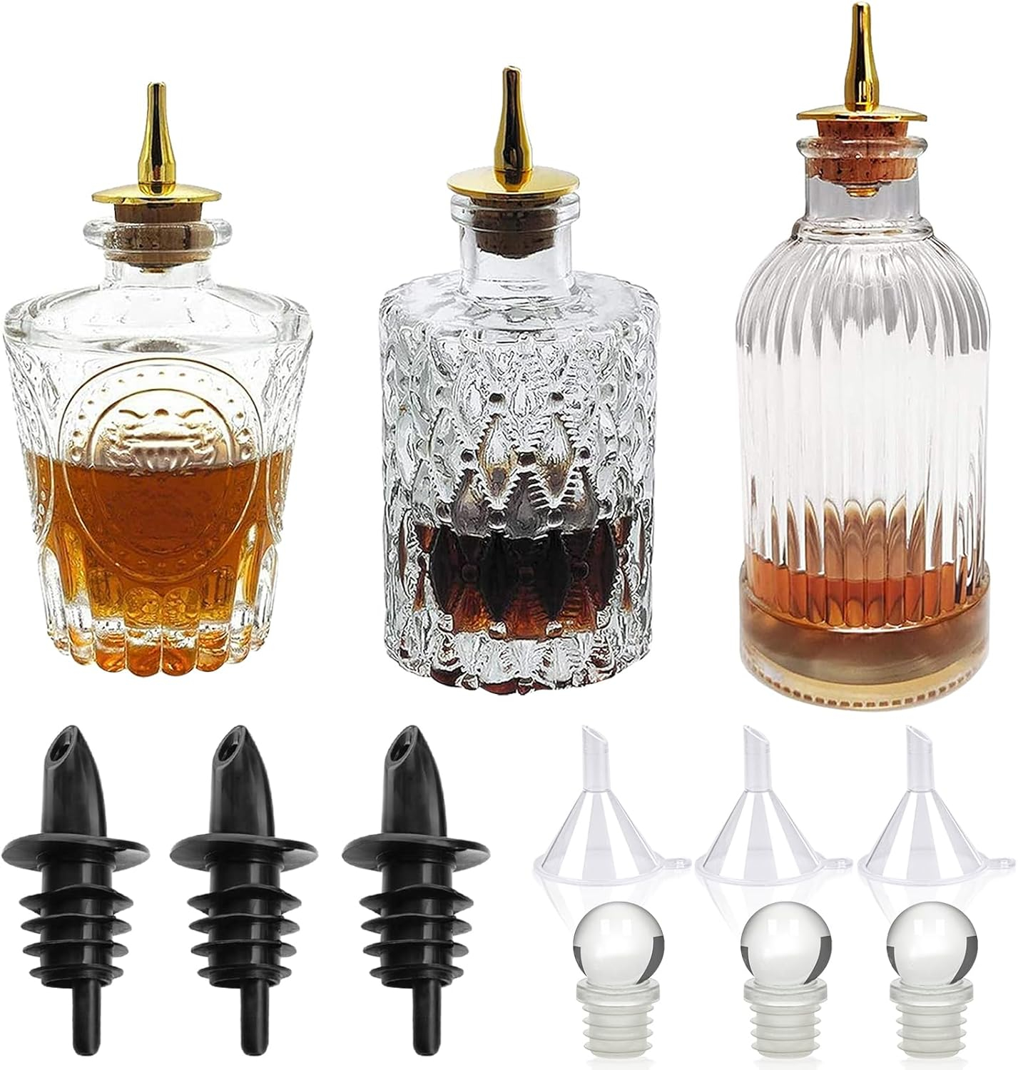 LINALL Bitters Bottle Set - Glass Vintage Bottle, Decorative Bottles with Dash Top, Dasher Bottles for Making Cocktail Great For Bartender Home Bar (3 pack)