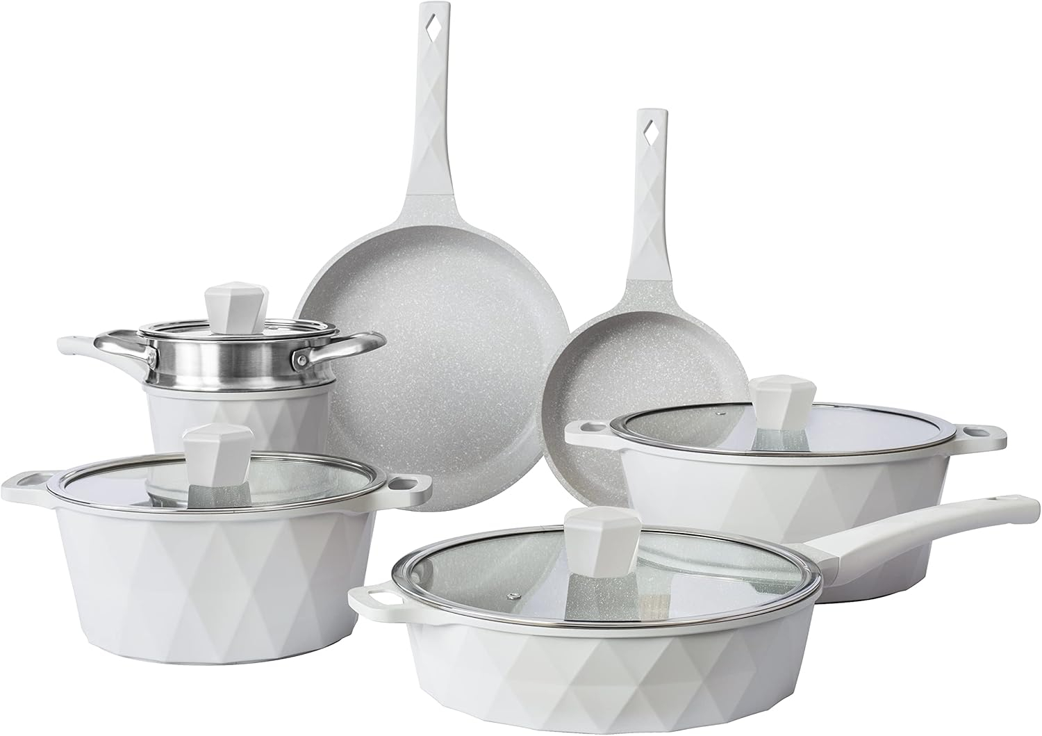 Country Kitchen 11-Pc Cast Aluminum Cookware Set Non Stick Pots and Pan Set, Cream Diamond