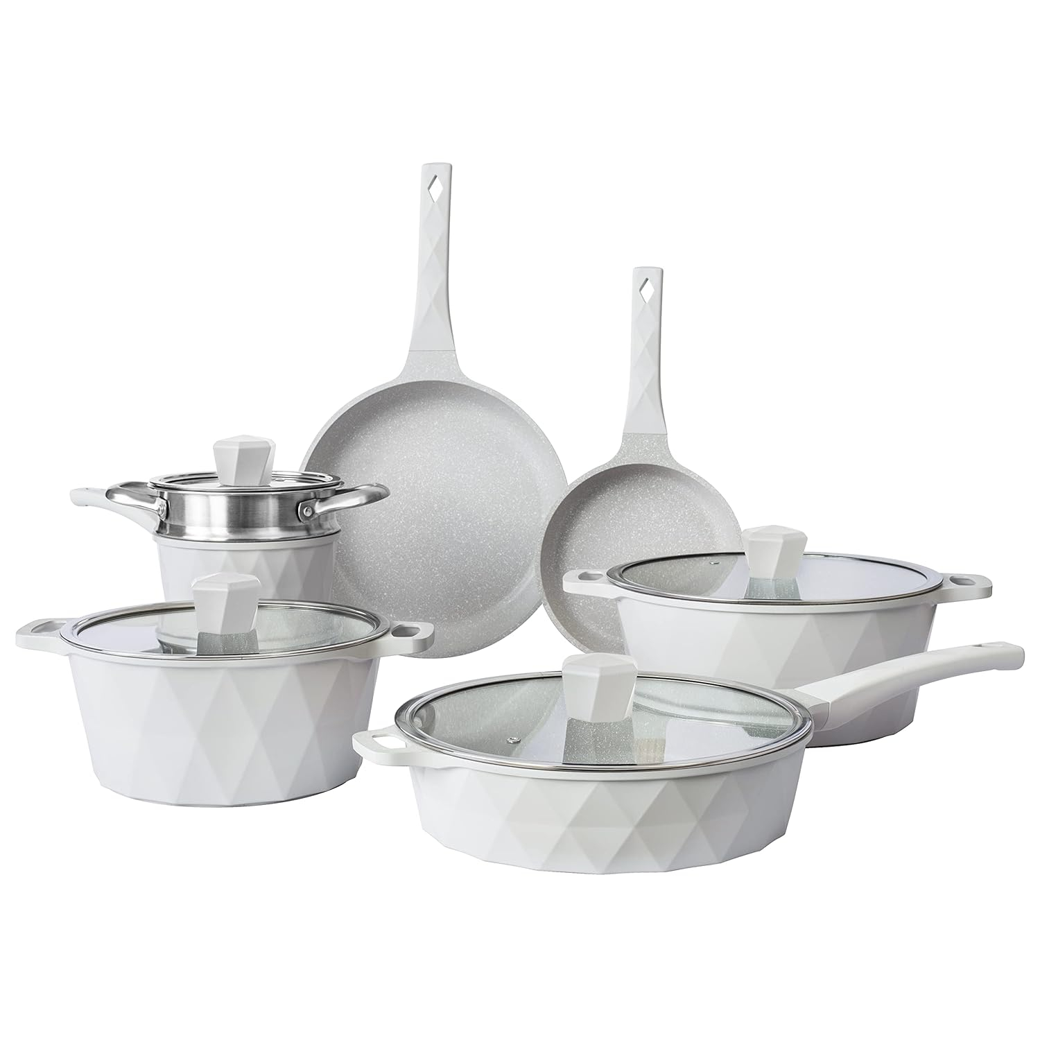 Country Kitchen 11-Pc Cast Aluminum Cookware Set Non Stick Pots and Pan Set, Cream Diamond