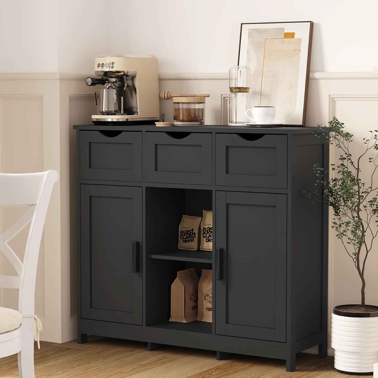 Black Storage Cabinets, Wooden Floor Cabinet,Coffee Bar Cabinet with 3 Drawers and 2 Doors,Free-Standing Cupboard for Kitchen,Living Room,Bathroom Diningroom
