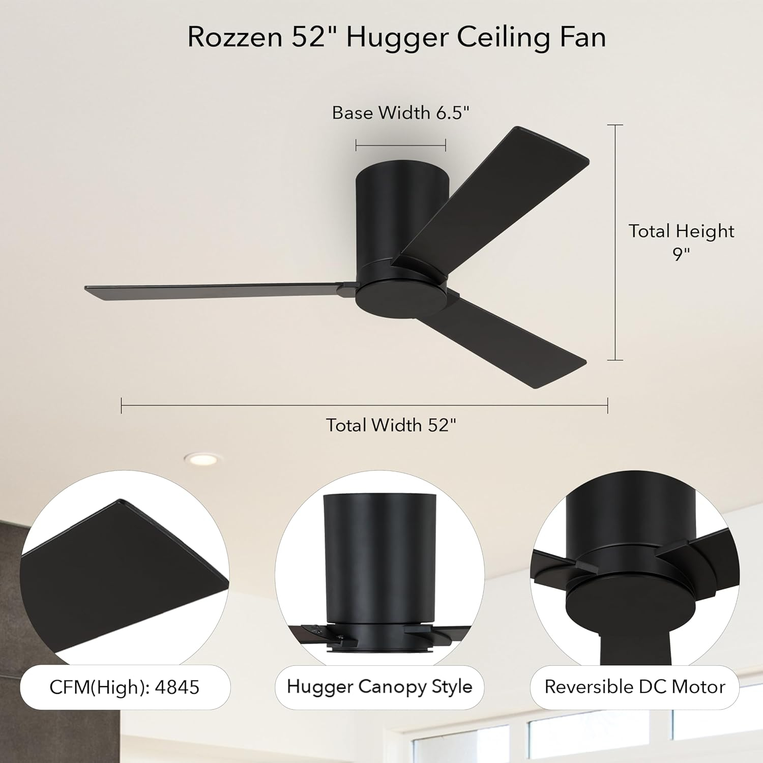 Monte Carlo 3RZHR52MBK Rozzen Hugger 52" Black Ceiling Fan with Remote Control, Reversible DC Motor, Damp Rated, 3 Reversible Blades (Midnight Black and American Walnut)