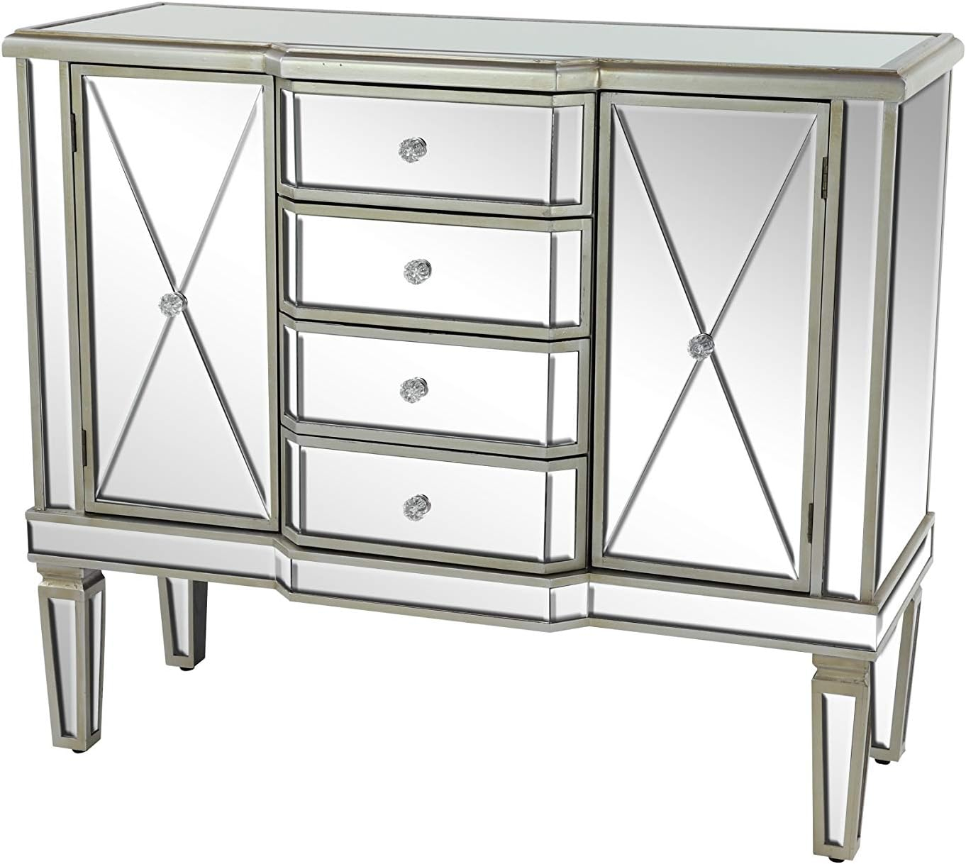 DecMode 39" x 34" Silver Wood Mirrored Panel 4 Drawers 2 Shelves and 2 Doors Buffet with Acrylic Knob Handles, 1-Piece