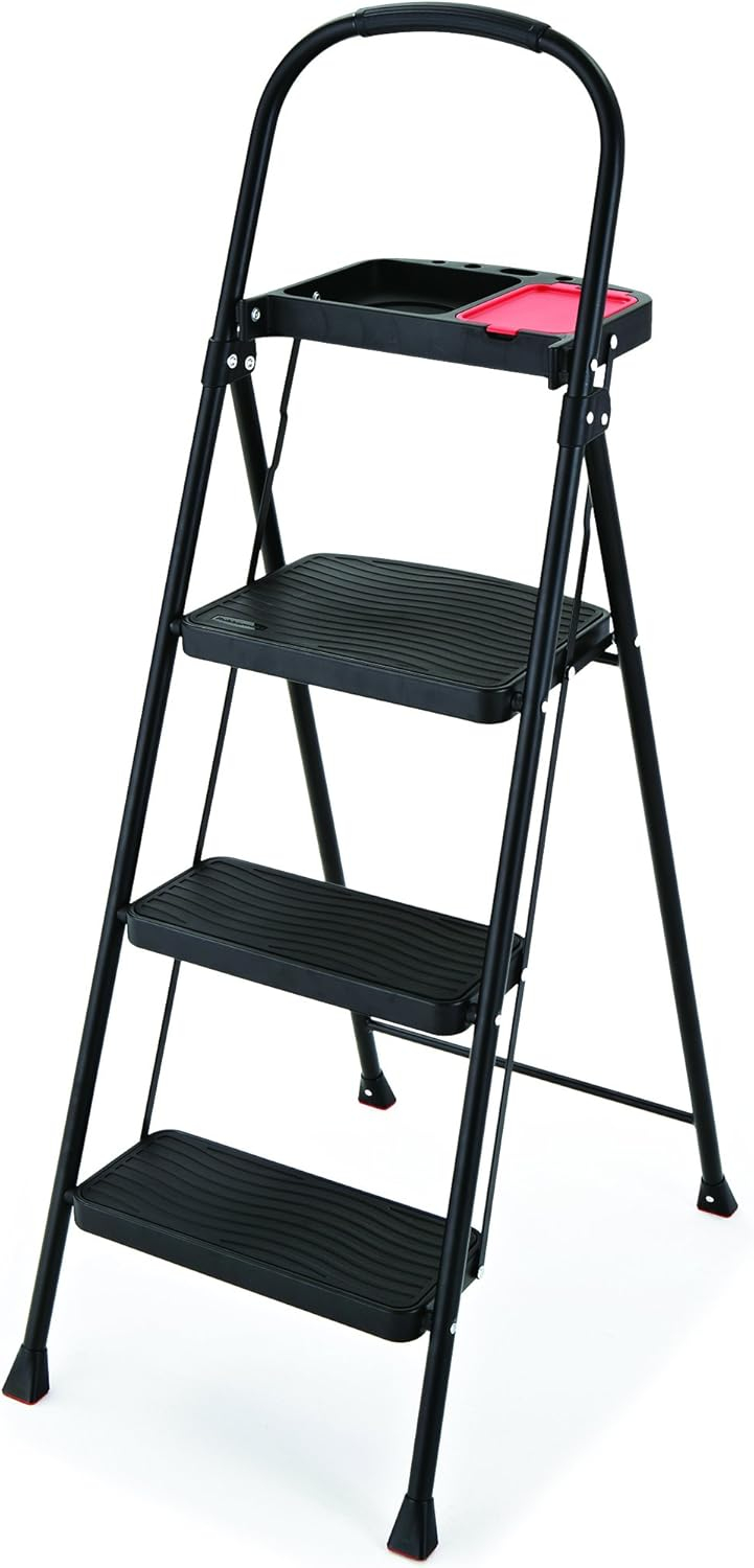 Black Foldable Steel 3-Step Ladder with Project Tray