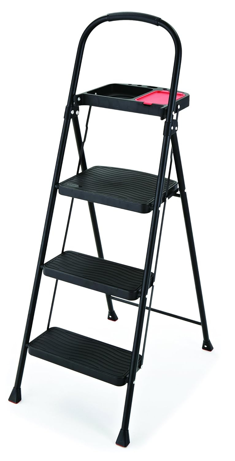 Black Foldable Steel 3-Step Ladder with Project Tray