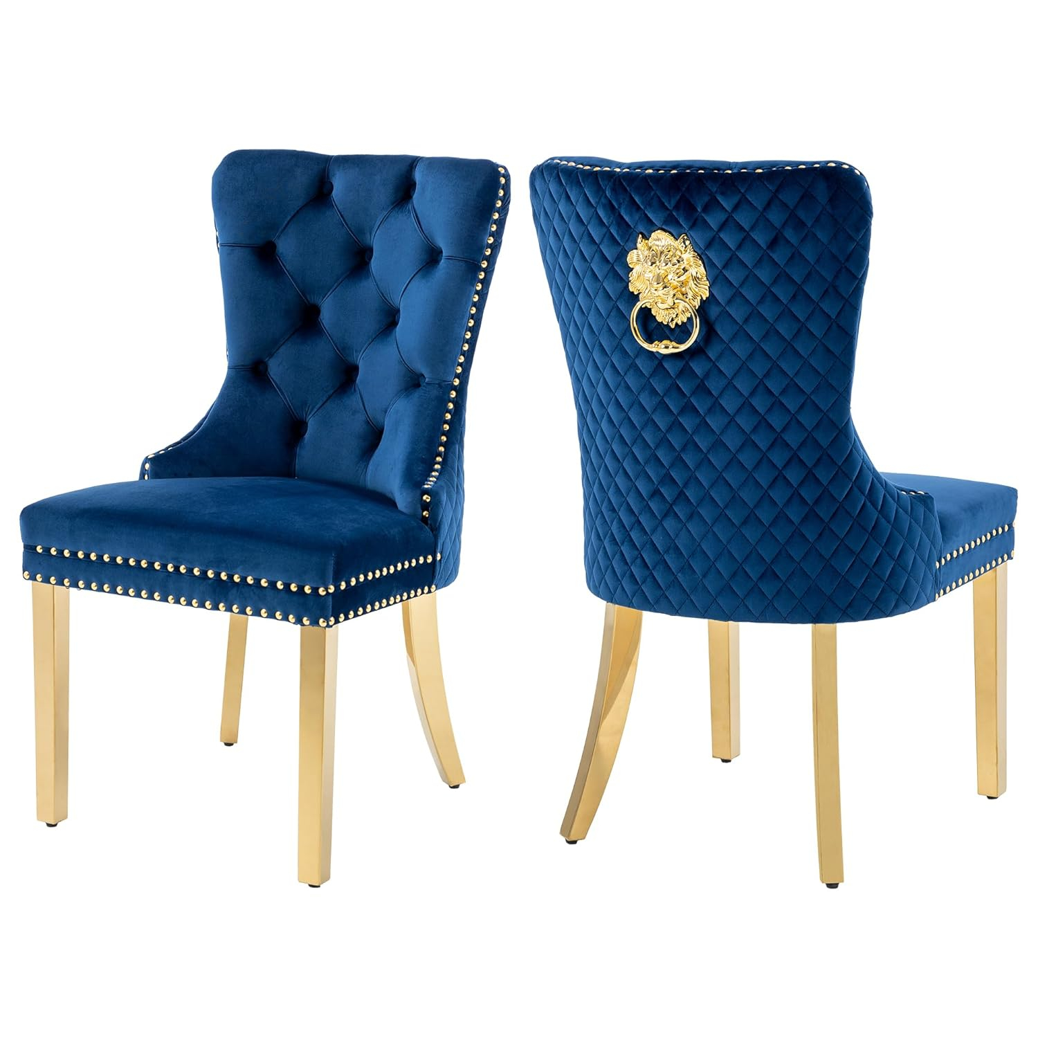 Velvet Upholstered Dining Chairs, Set of 2, Dining Room Tufted Chair, Modern Button Tufted Armless Chairs with Nailhead Trim and Back Ring Pull, Gold Legs, for Dining Room, Kitchen, Navy